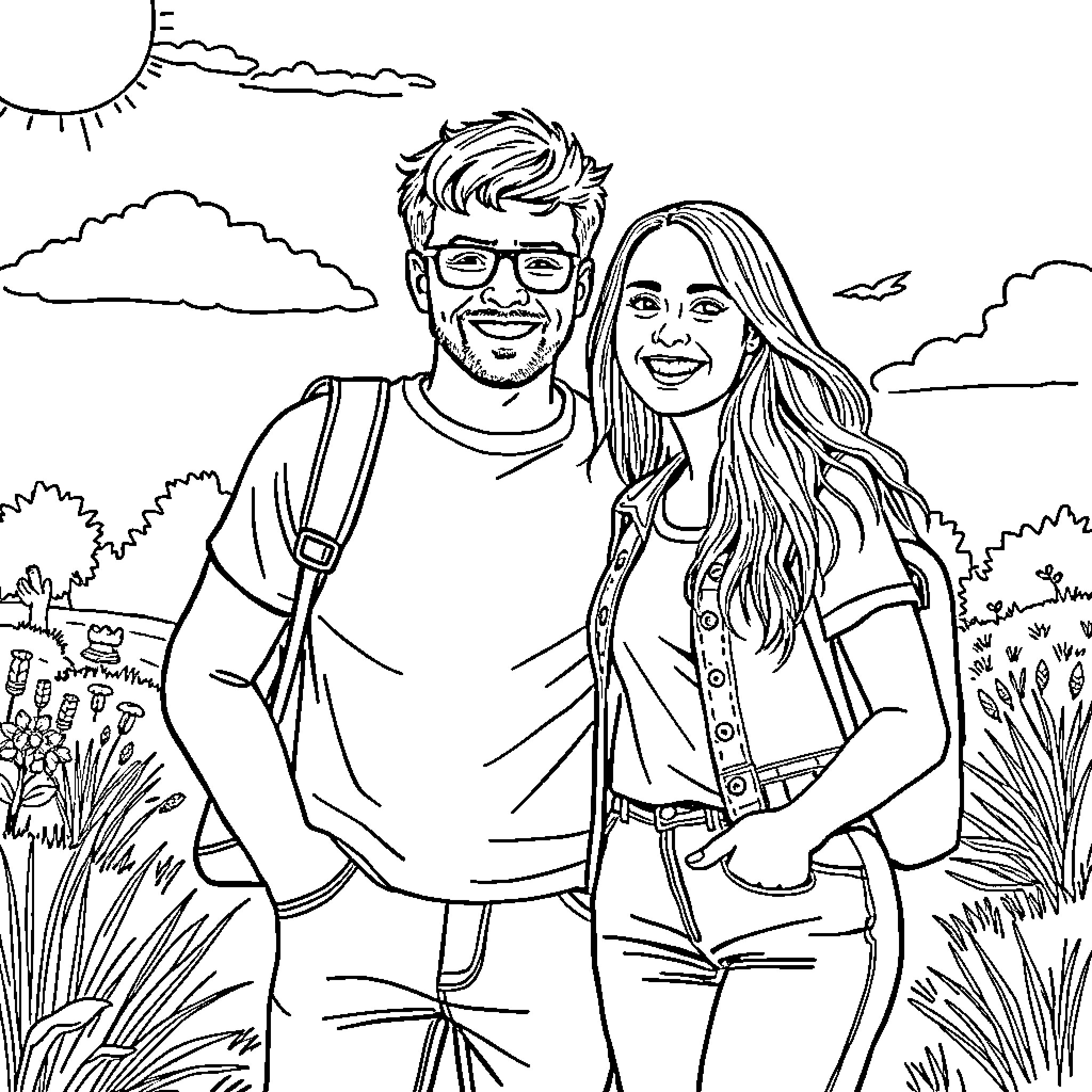 Tyler's Happy Outdoor Adventure with Friend Coloring Page (free black-and-white line drawing printable PDF for all, from beginners to advanced learners, including children, teens, adults, and seniors)