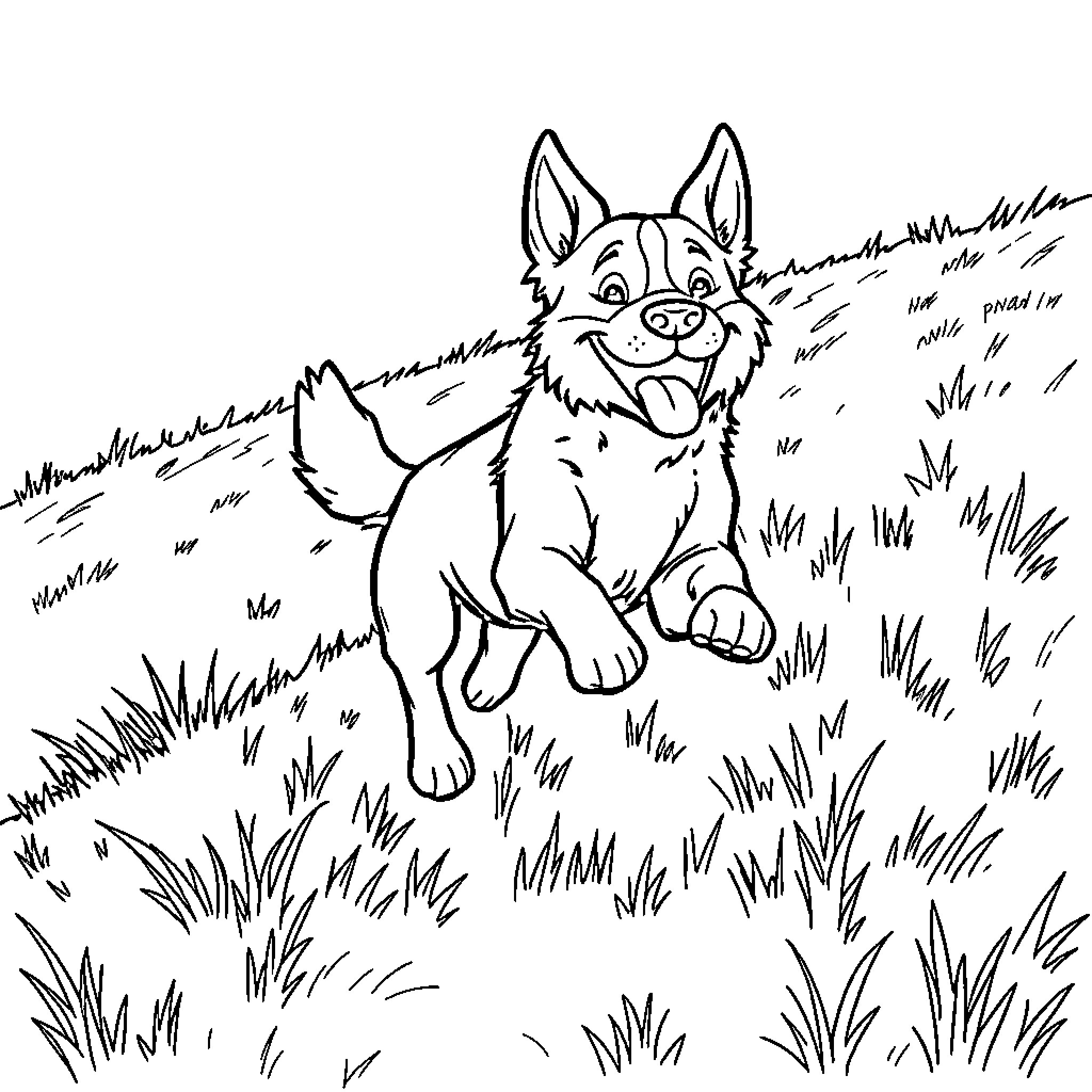 Dog running playfully through the grass Coloring Page (free black-and-white line drawing printable PDF for all, from beginners to advanced learners, including children, teens, adults, and seniors)