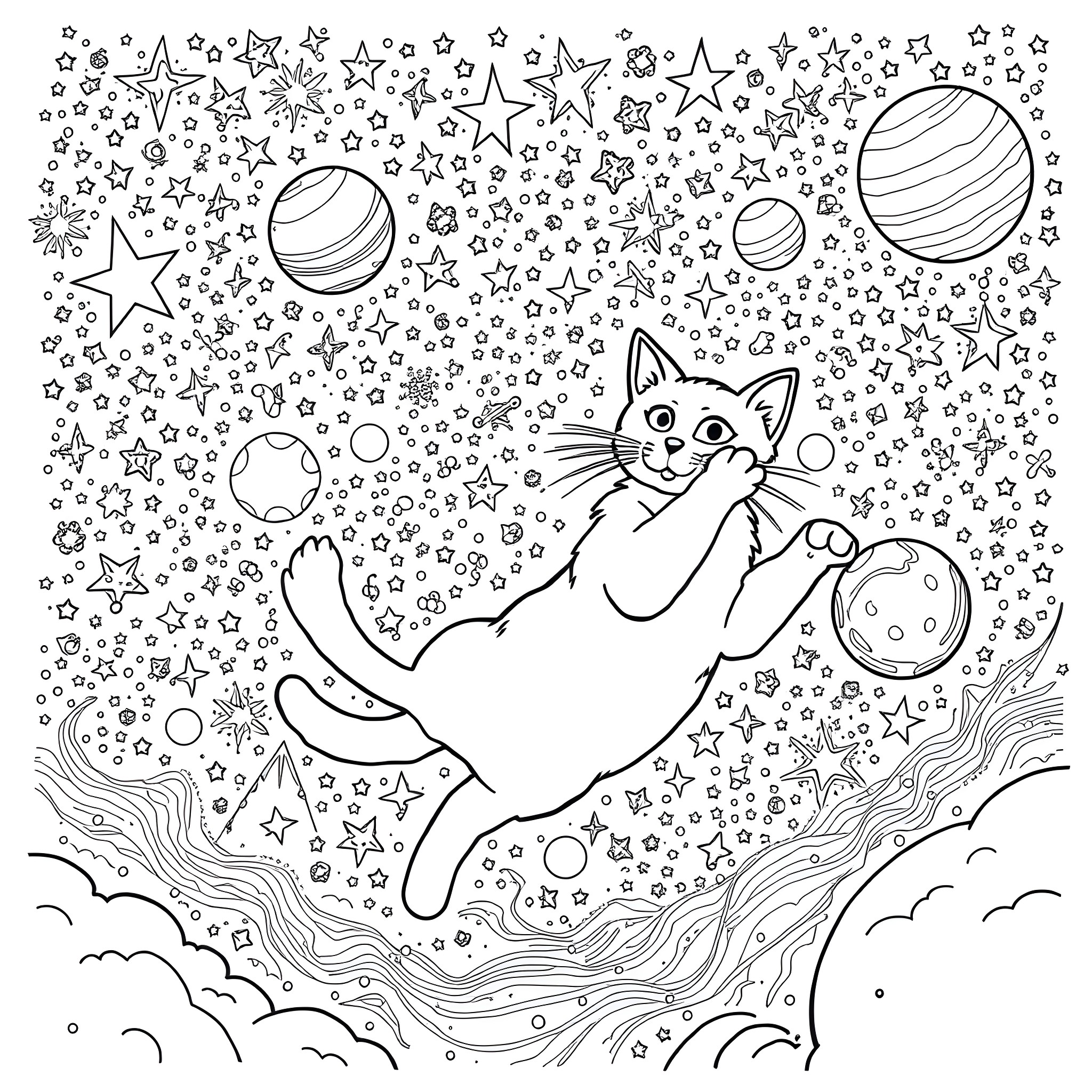 Cat playing among cosmic stars and planets Coloring Page (free black-and-white line drawing printable PDF for all, from beginners to advanced learners, including children, teens, adults, and seniors)
