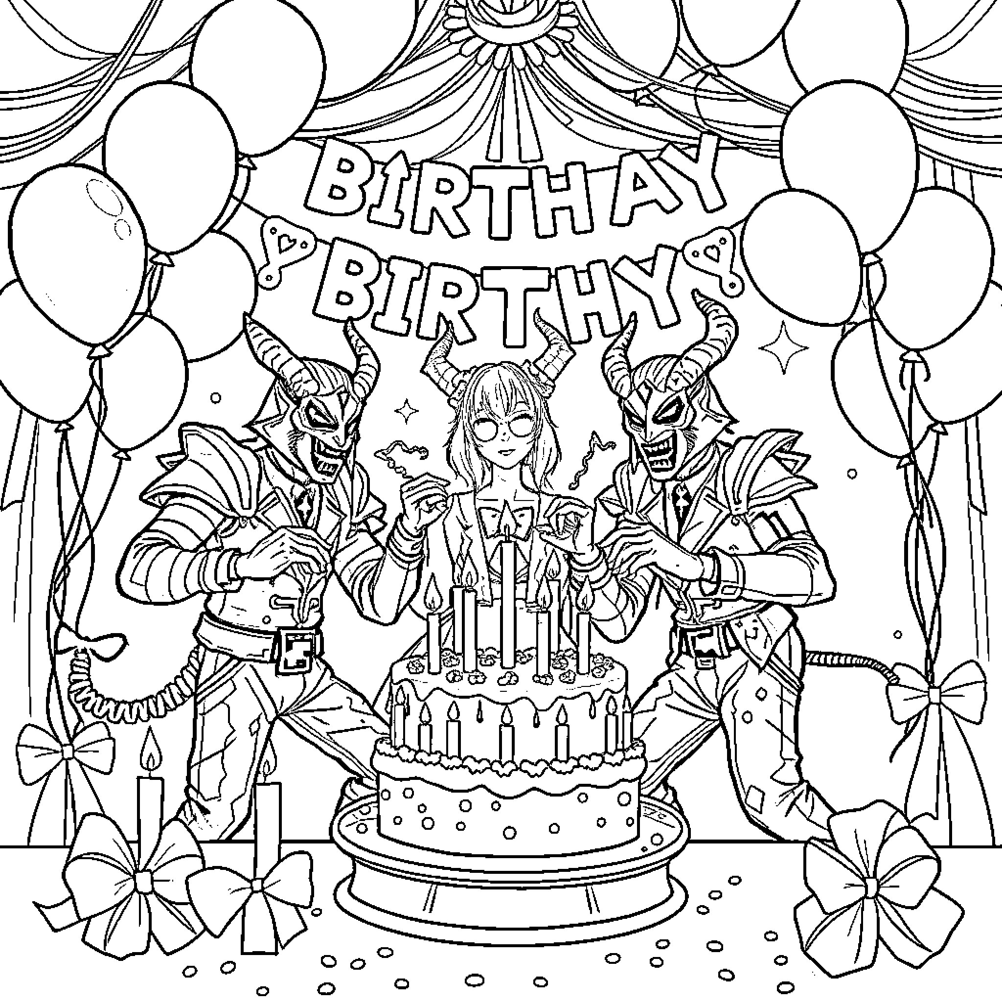 Demon Hunter's Birthday Party with Festive Decorations Coloring Page (free black-and-white line drawing printable PDF for all, from beginners to advanced learners, including children, teens, adults, and seniors)