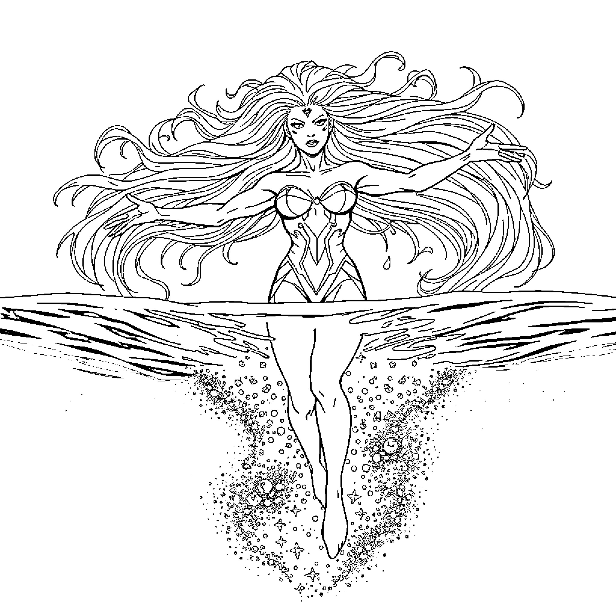 Storm Goddess Emerges from the Depths Coloring Page (free black-and-white line drawing printable PDF for all, from beginners to advanced learners, including children, teens, adults, and seniors)