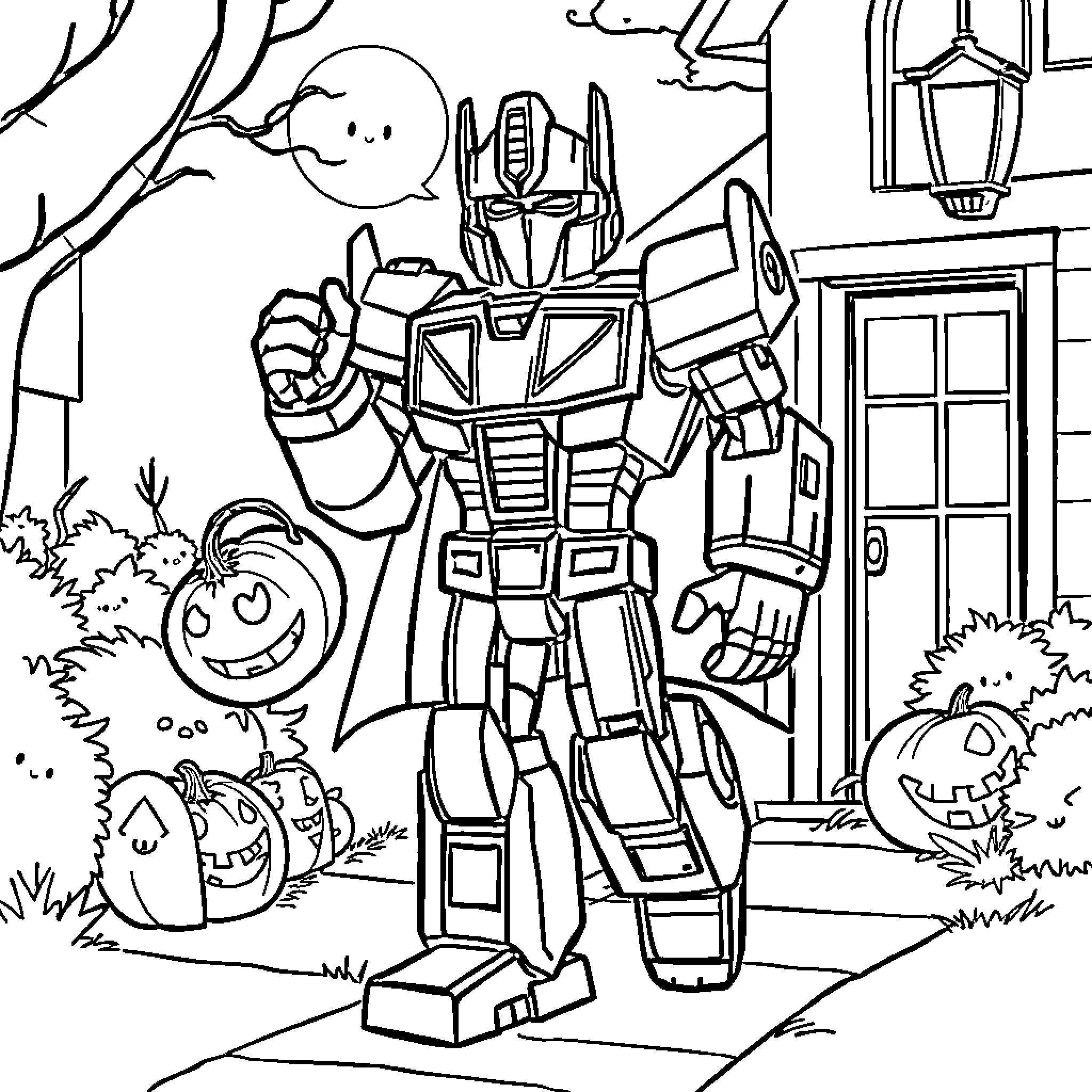 Transformer Robot Confronting Spooky Halloween Figures Coloring Page (free black-and-white line drawing printable PDF for all, from beginners to advanced learners, including children, teens, adults, and seniors)