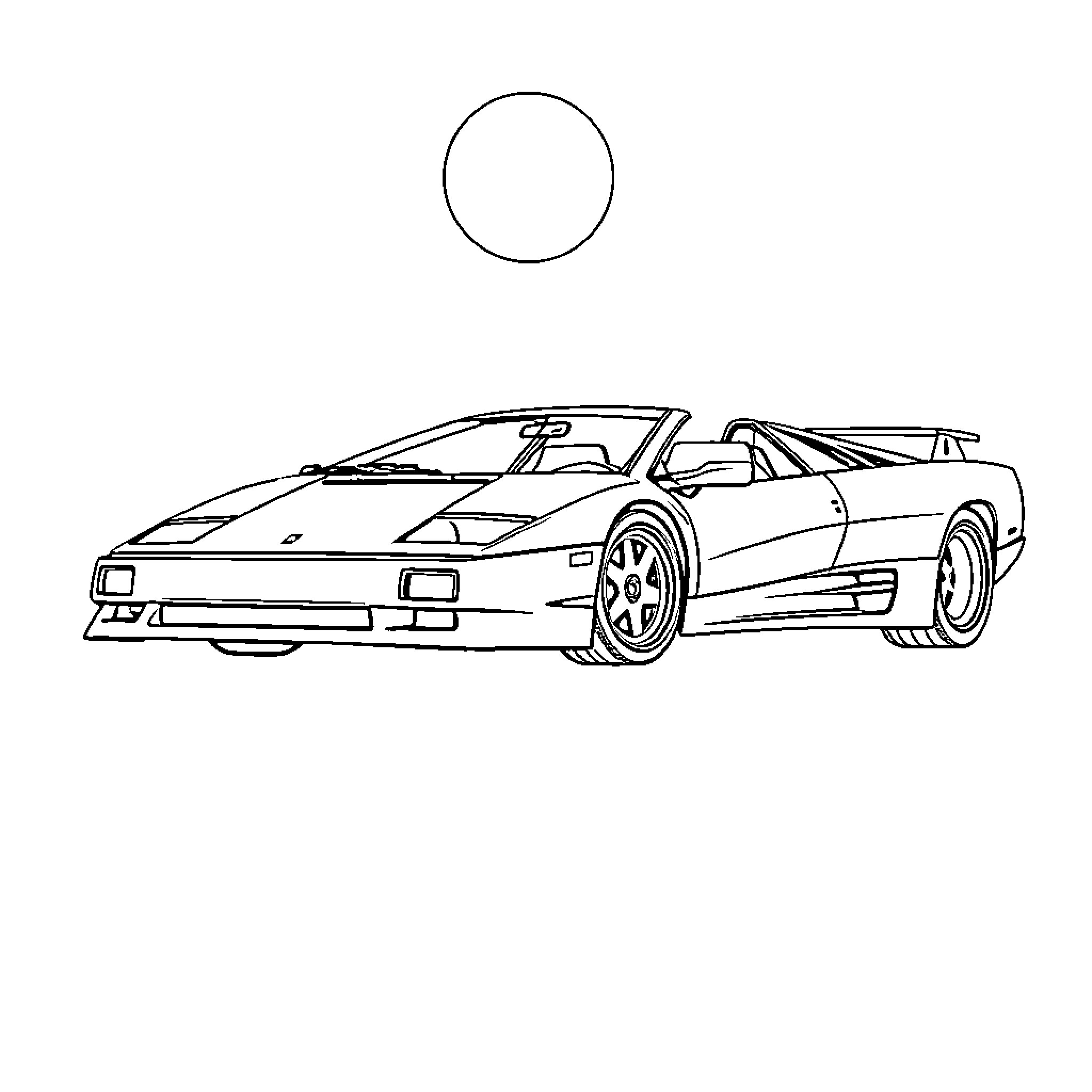 Lamborghini sports car in motion Coloring Page (free black-and-white line drawing printable PDF for all, from beginners to advanced learners, including children, teens, adults, and seniors)