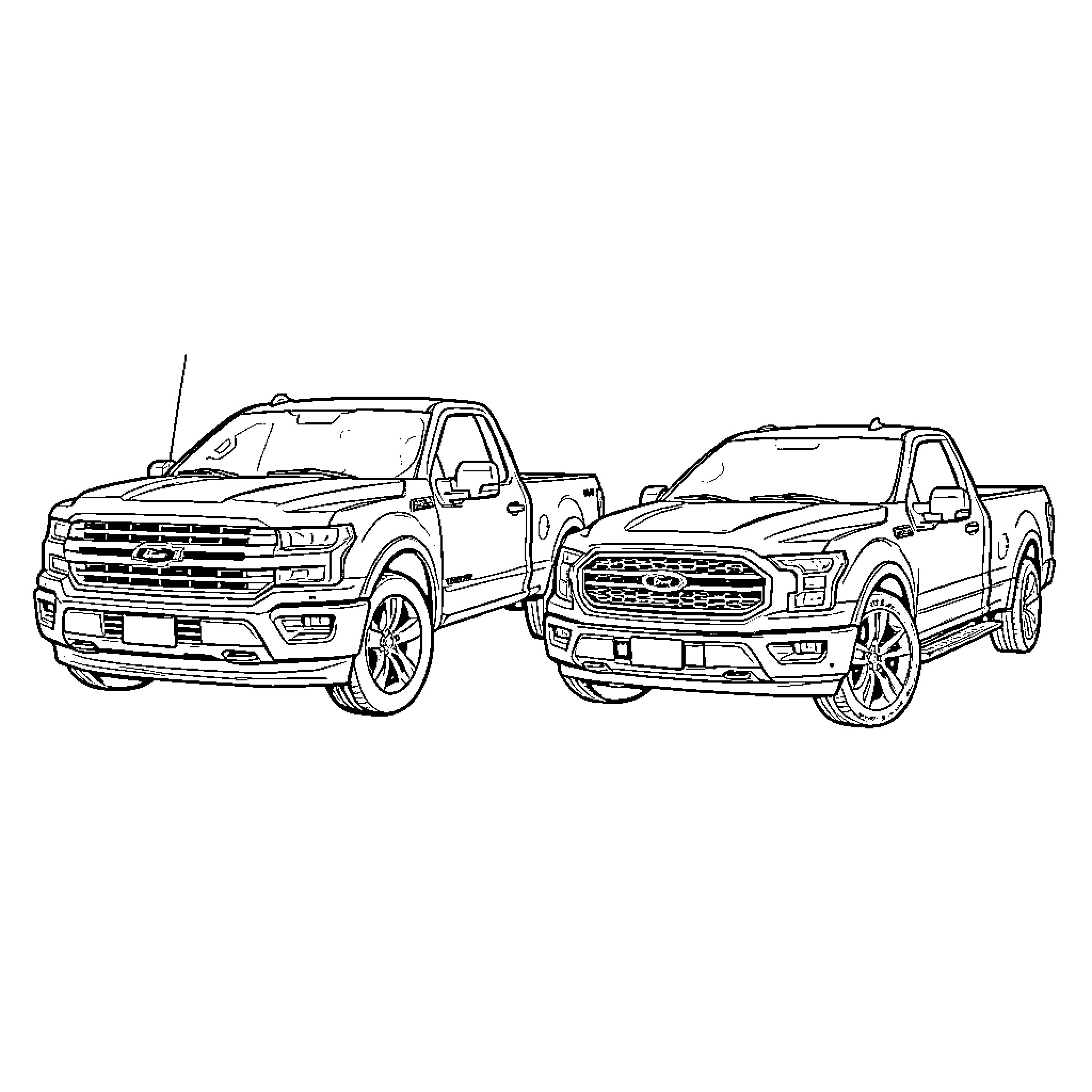 Pickup Trucks Shown in Line Drawing Coloring Page (free black-and-white line drawing printable PDF for all, from beginners to advanced learners, including children, teens, adults, and seniors)