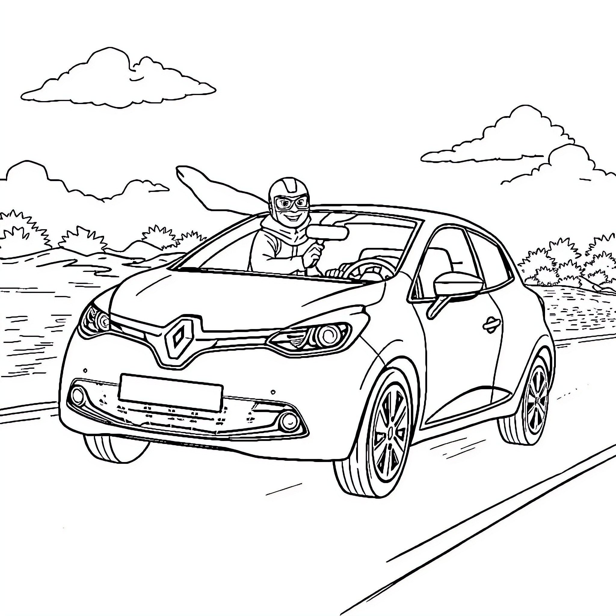 Renault driver enjoying the open road Coloring Page (free black-and-white line drawing printable PDF for all, from beginners to advanced learners, including children, teens, adults, and seniors)