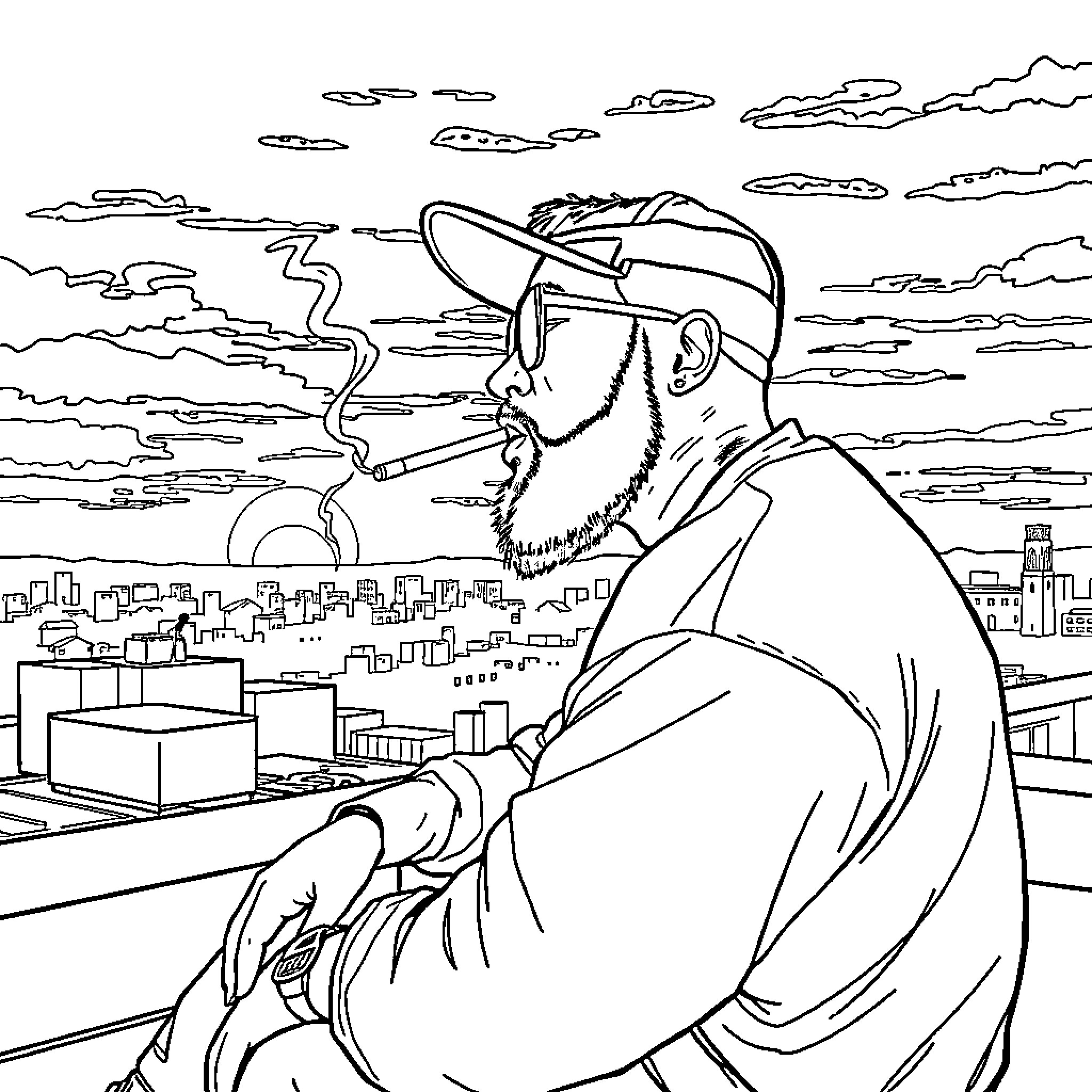 Mac Miller overlooking the city in deep thought Coloring Page (free black-and-white line drawing printable PDF for all, from beginners to advanced learners, including children, teens, adults, and seniors)
