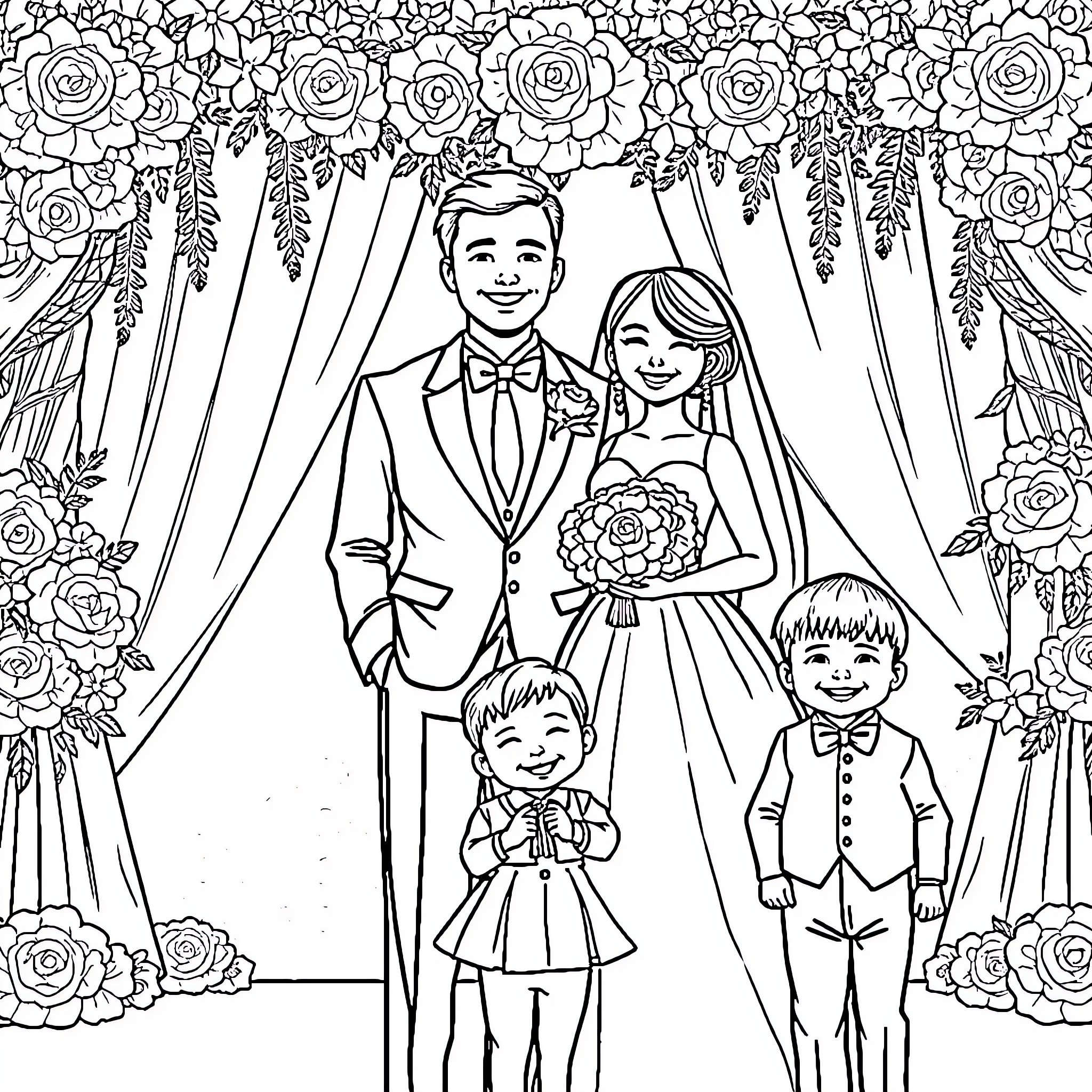 Wedding Day Celebration with Family Coloring Page (free black-and-white line drawing printable PDF for all, from beginners to advanced learners, including children, teens, adults, and seniors)