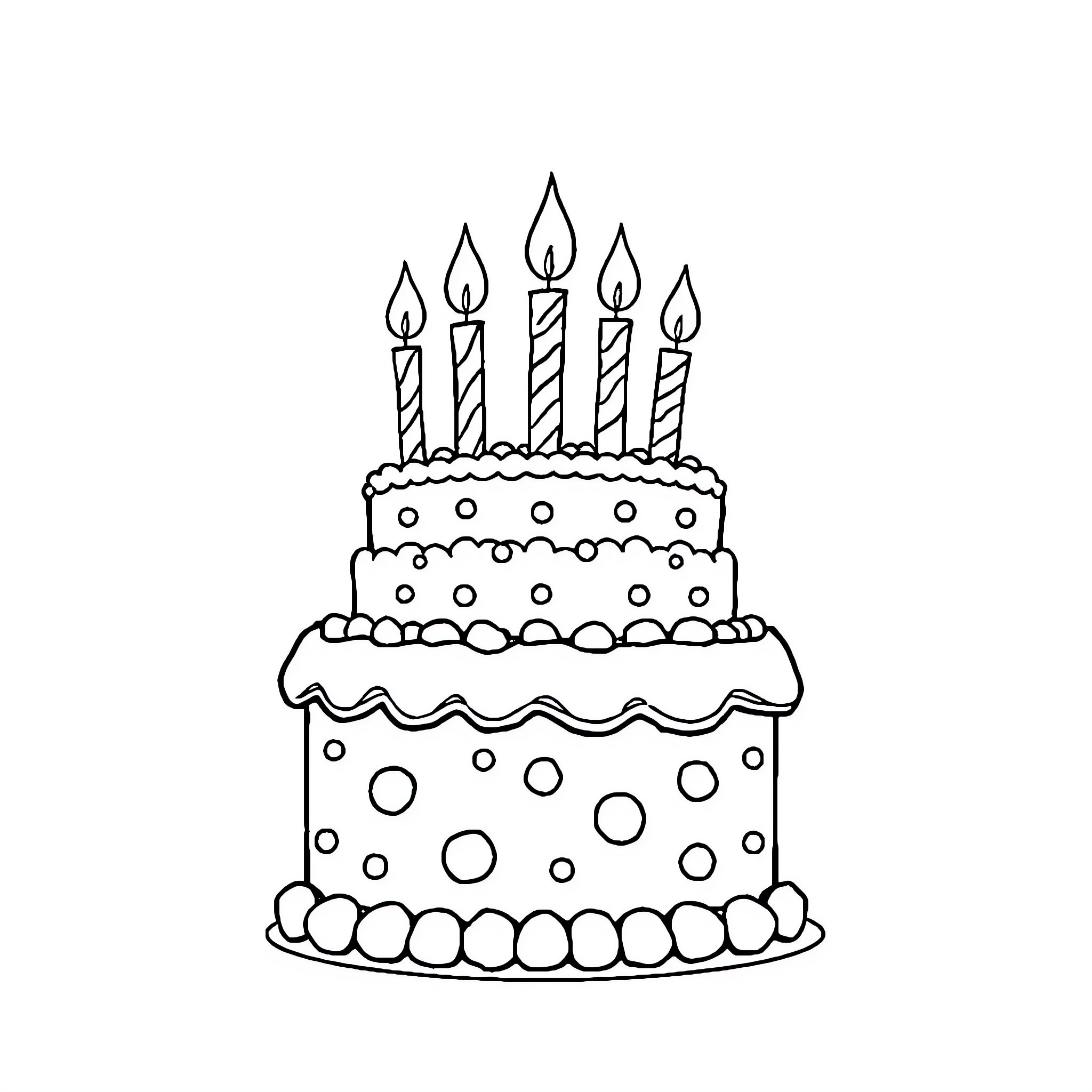 Birthday Cake with Lit Candles Coloring Page (free black-and-white line drawing printable PDF for all, from beginners to advanced learners, including children, teens, adults, and seniors)
