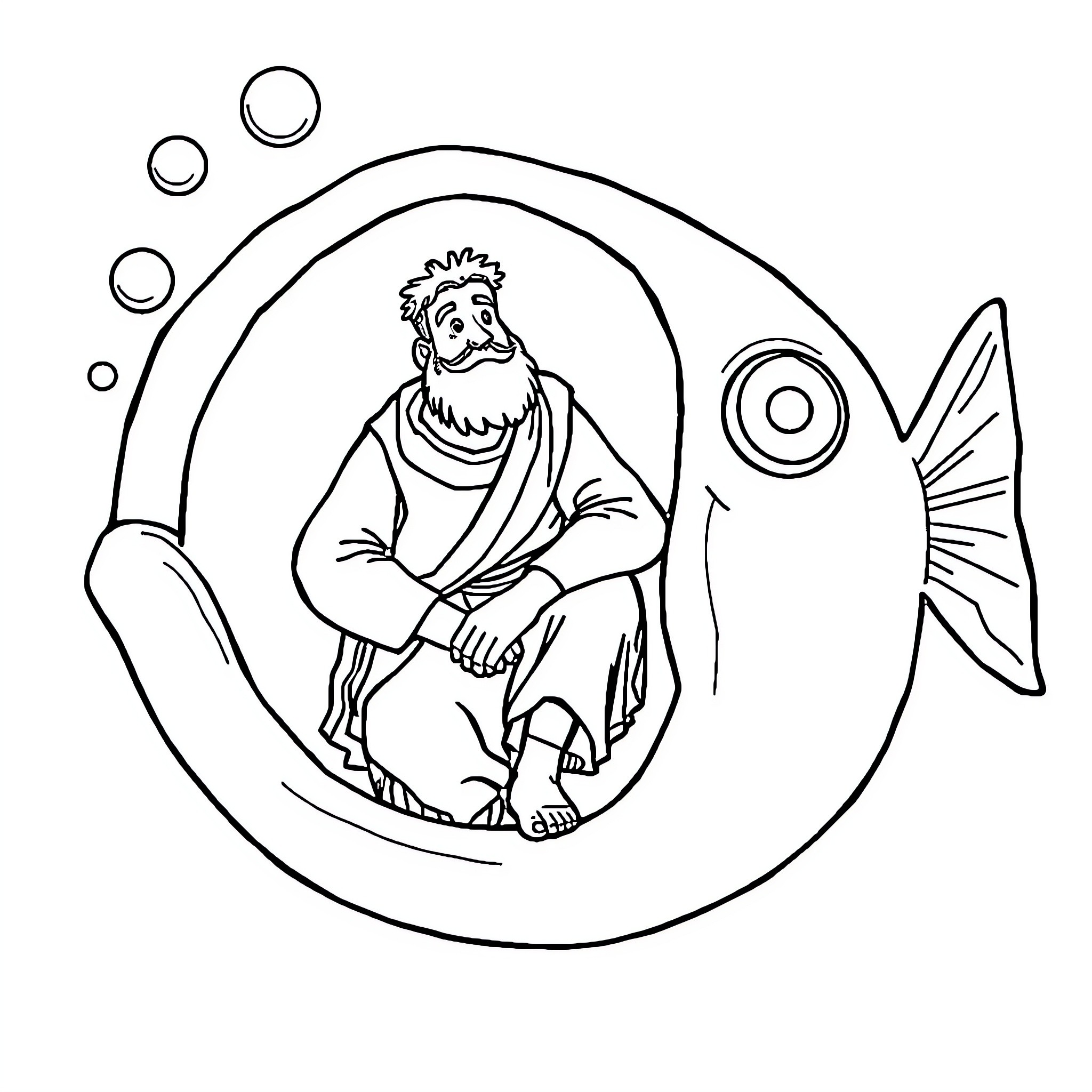Jonah Resting Inside the Fish Coloring Page (free black-and-white line drawing printable PDF for all, from beginners to advanced learners, including children, teens, adults, and seniors)