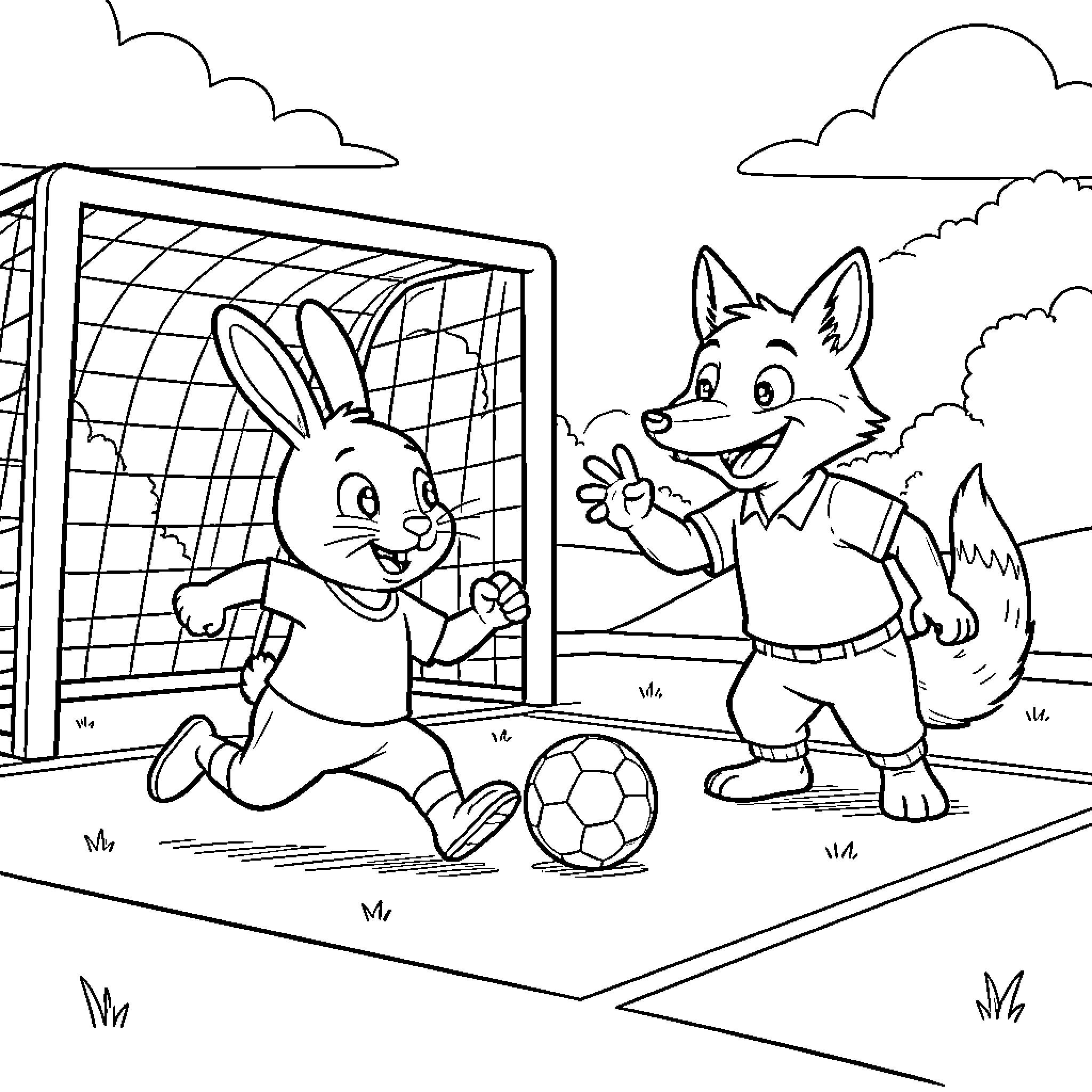 Pierre Lapin playing soccer with a friendly fox Coloring Page (free black-and-white line drawing printable PDF for all, from beginners to advanced learners, including children, teens, adults, and seniors)