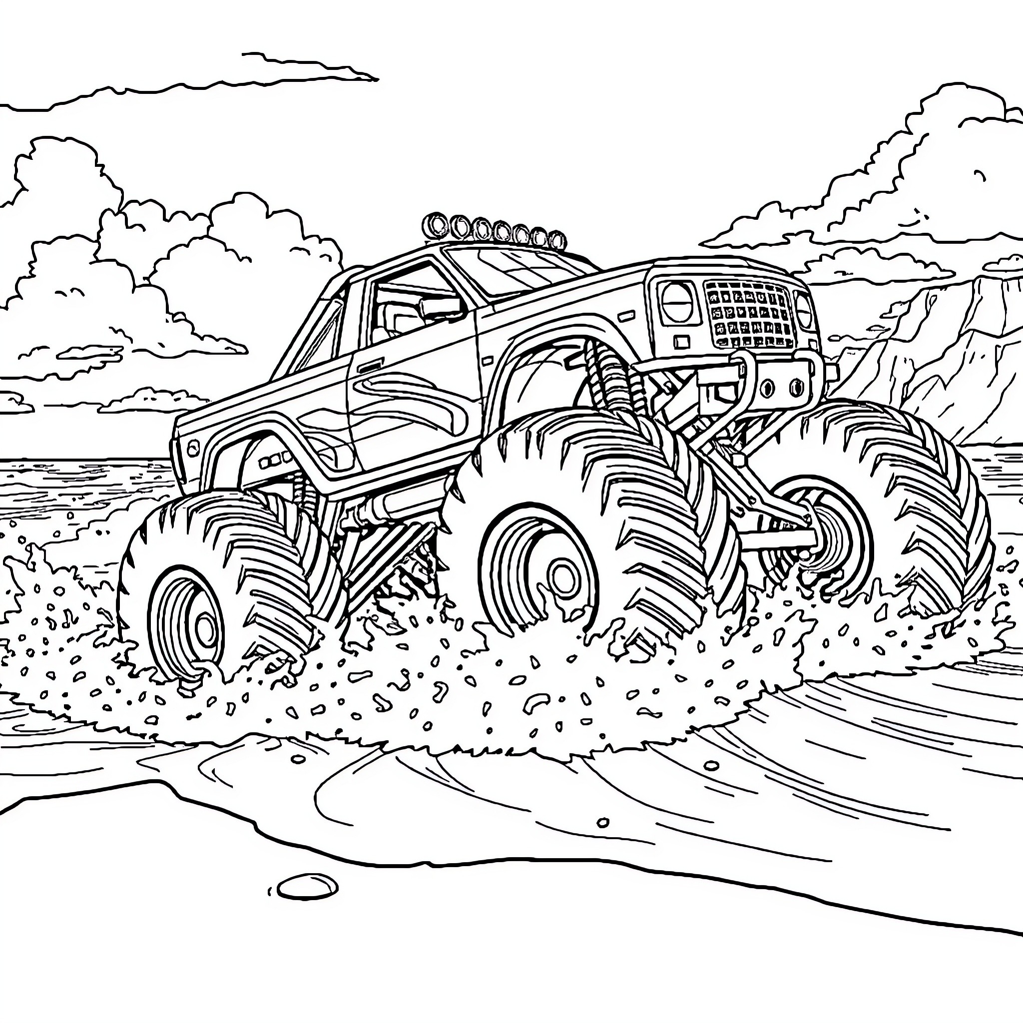 Monster Truck Navigating Rugged Terrain Coloring Page (free black-and-white line drawing printable PDF for all, from beginners to advanced learners, including children, teens, adults, and seniors)