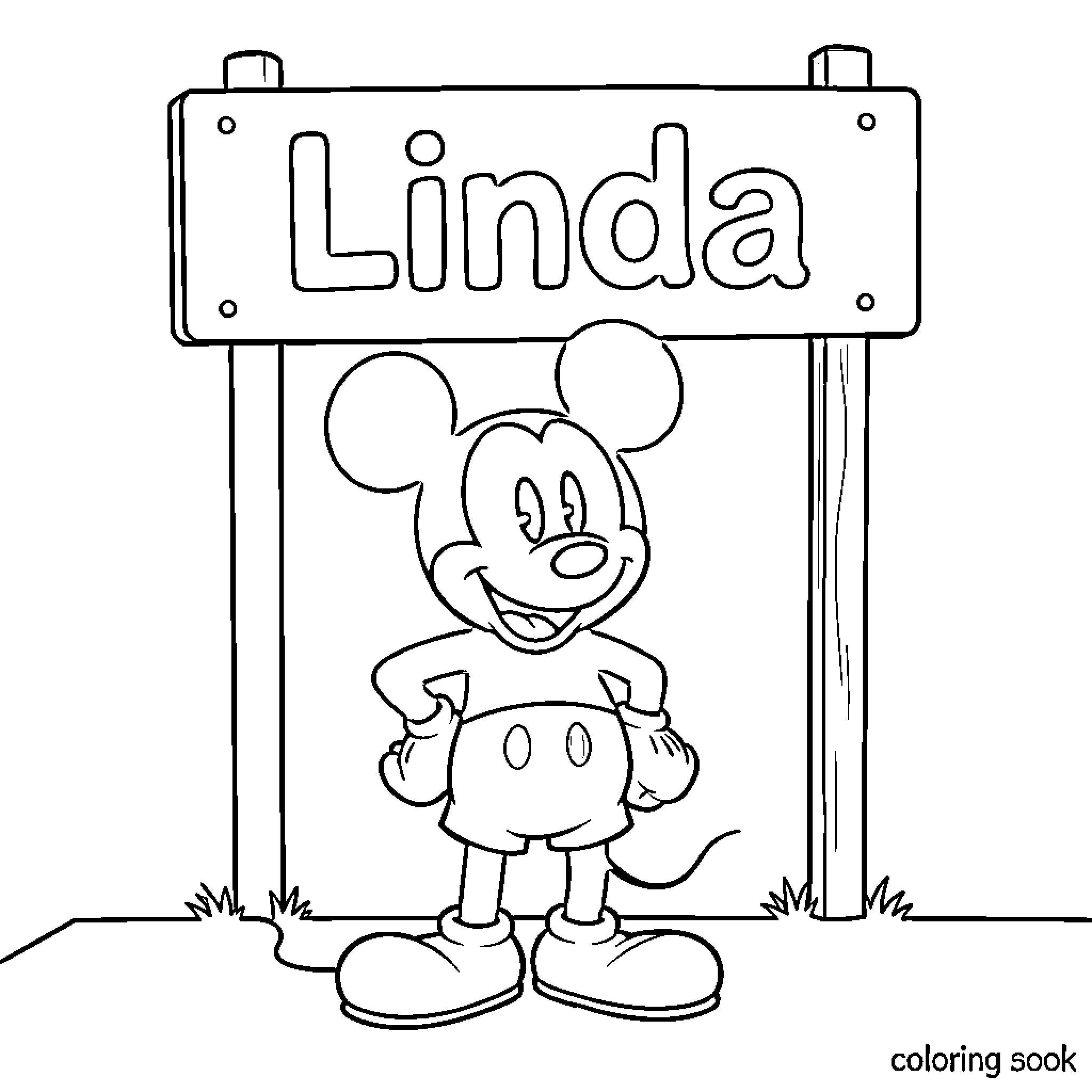 Mickey Mouse standing happily near name sign Coloring Page (free black-and-white line drawing printable PDF for all, from beginners to advanced learners, including children, teens, adults, and seniors)