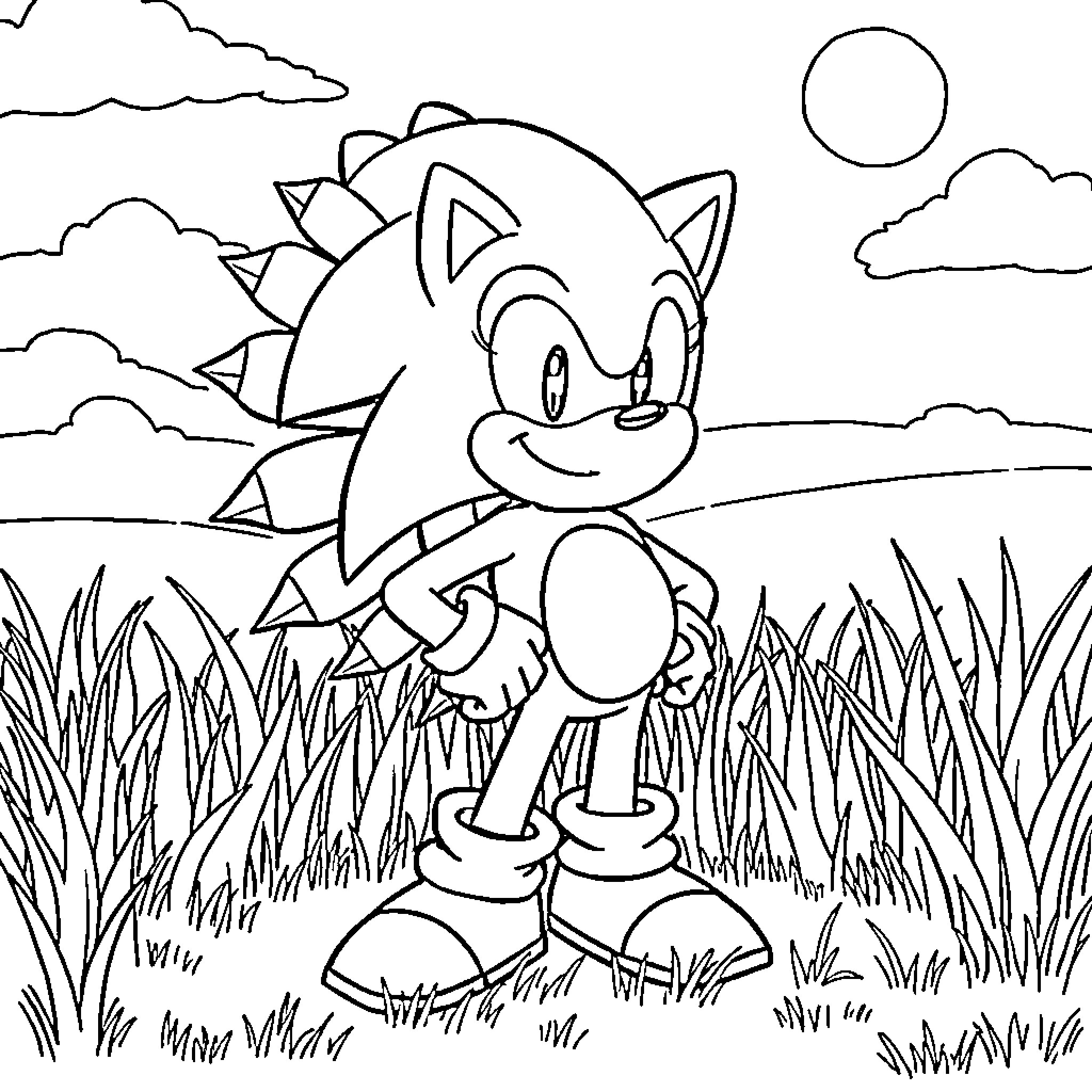 Sonic the Hedgehog running through a grassy landscape Coloring Page (free black-and-white line drawing printable PDF for all, from beginners to advanced learners, including children, teens, adults, and seniors)