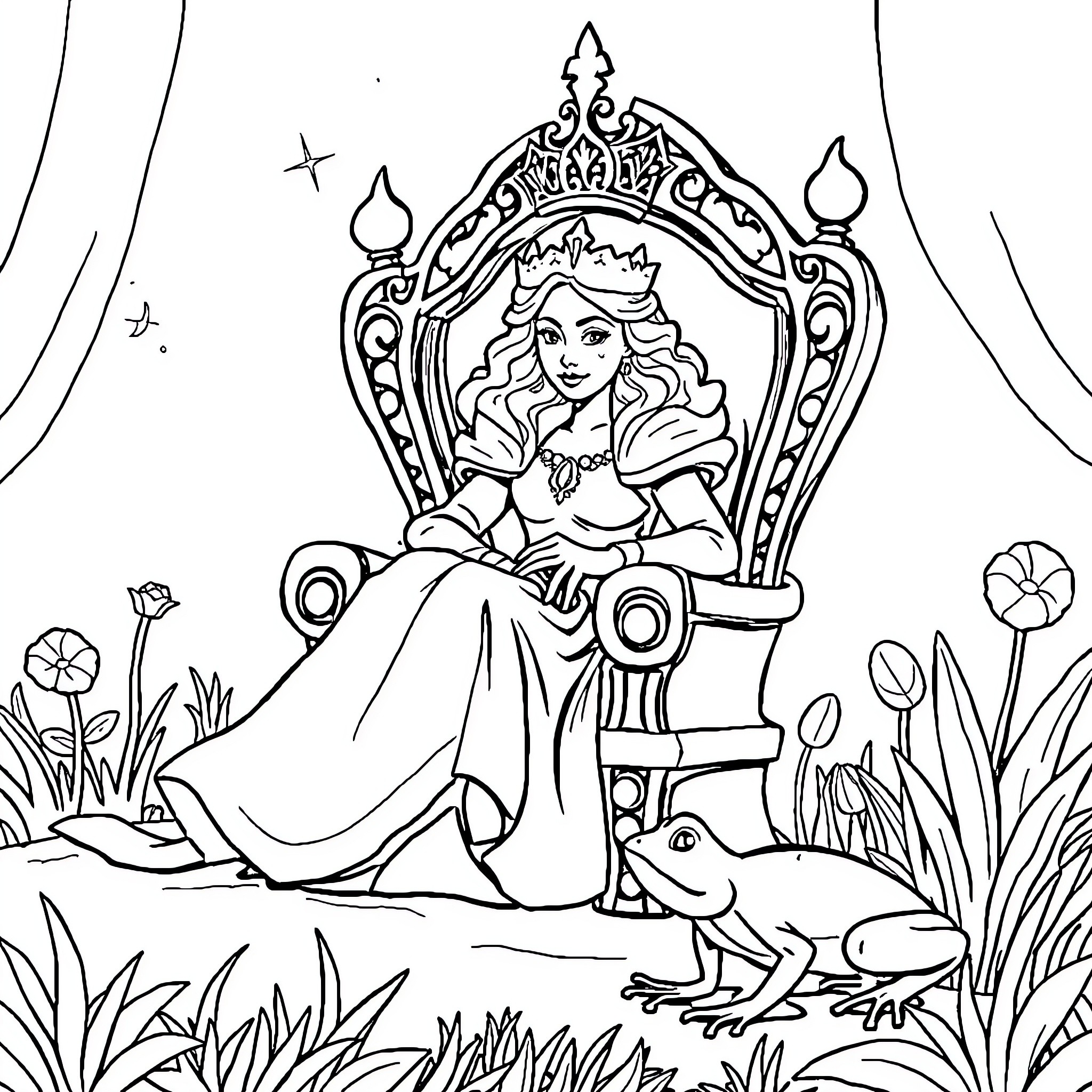 Queen sitting on ornate throne surrounded by nature Coloring Page (free black-and-white line drawing printable PDF for all, from beginners to advanced learners, including children, teens, adults, and seniors)