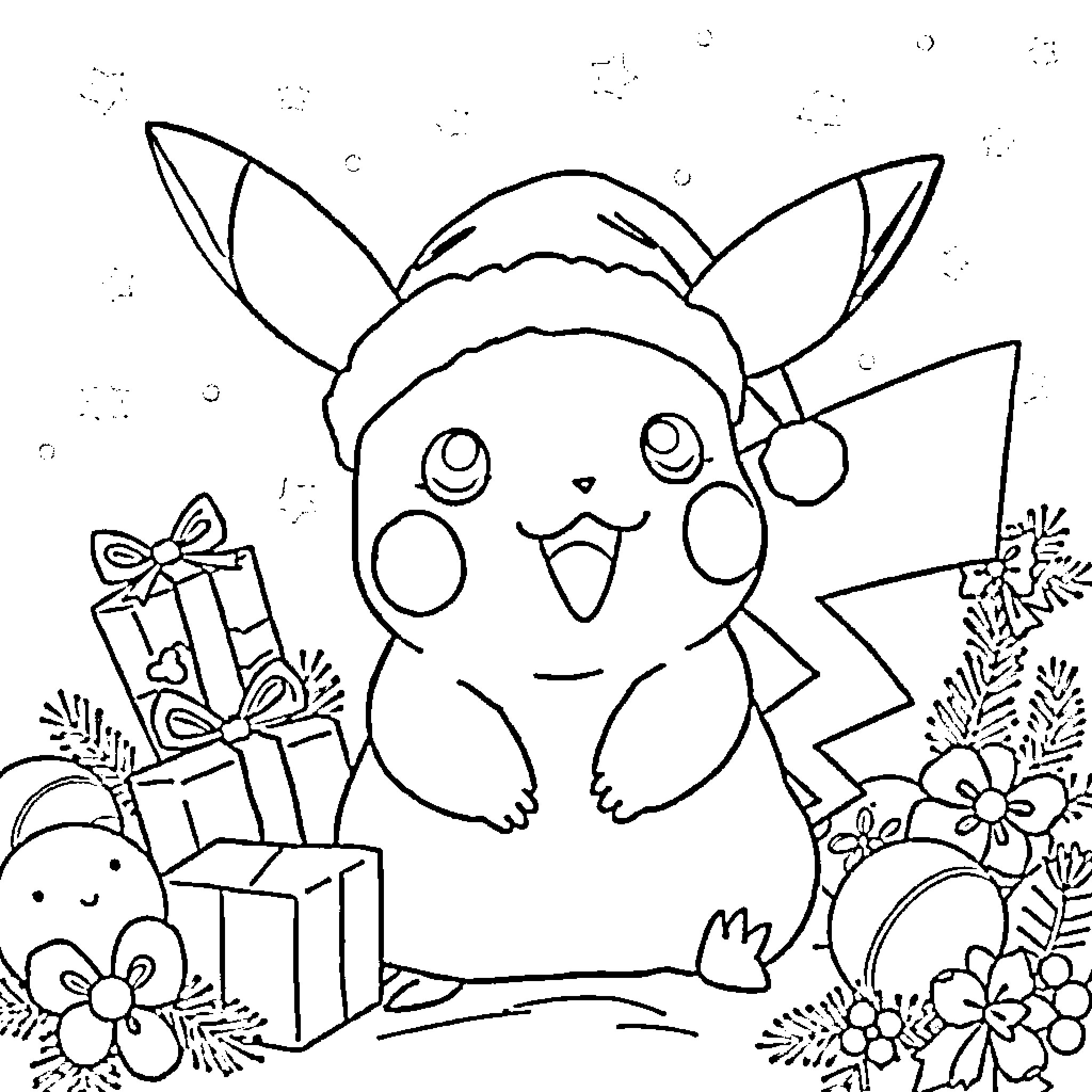 Pikachu celebrating with gifts and floral decorations Coloring Page (free black-and-white line drawing printable PDF for all, from beginners to advanced learners, including children, teens, adults, and seniors)