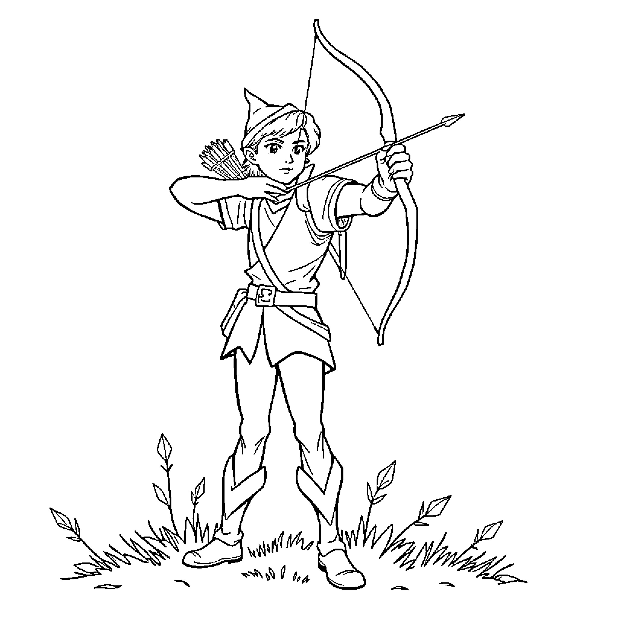 Robin Hood aiming with bow and arrow in the forest Coloring Page (free black-and-white line drawing printable PDF for all, from beginners to advanced learners, including children, teens, adults, and seniors)