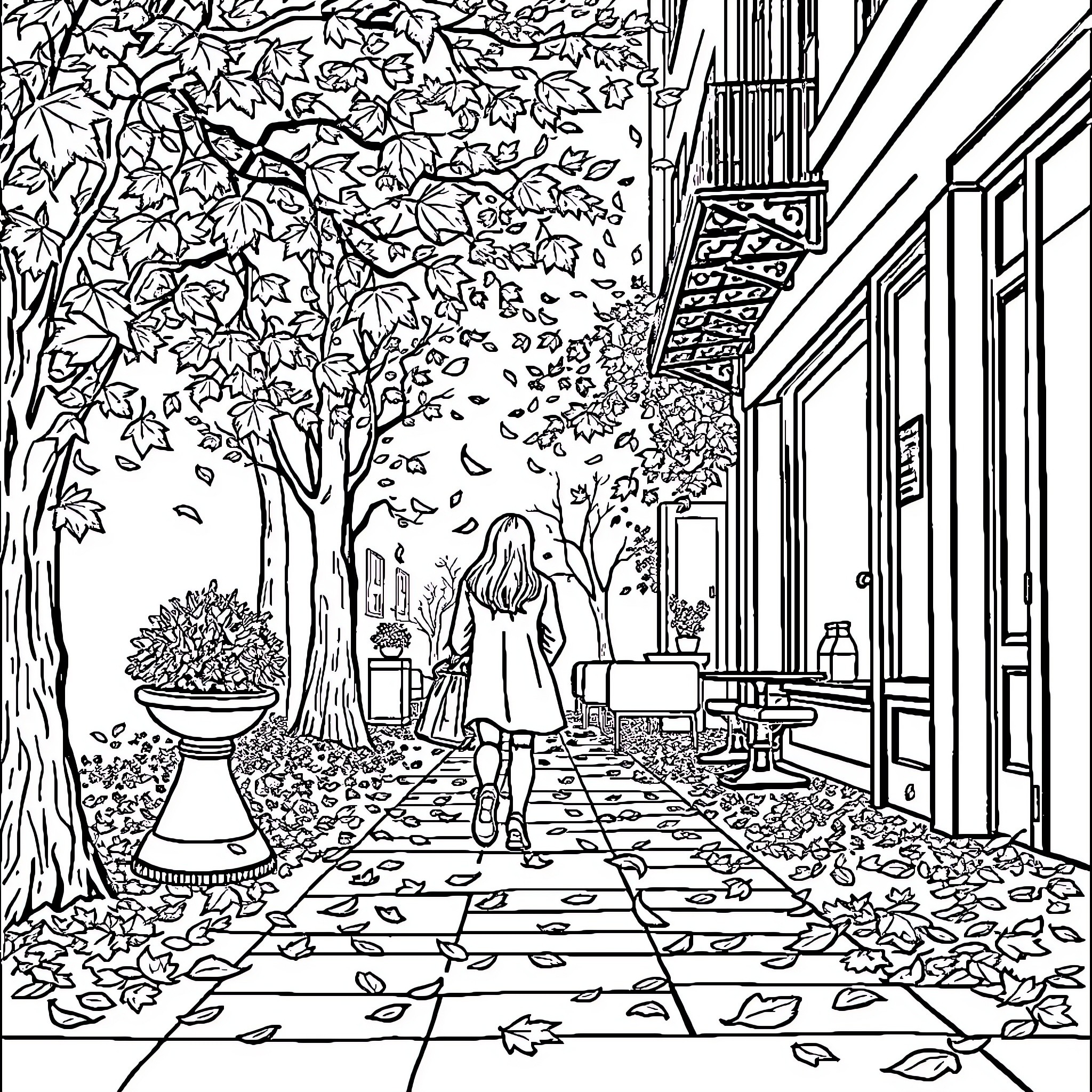 Leaf-strewn Autumn Stroll through Quaint Village Coloring Page (free black-and-white line drawing printable PDF for all, from beginners to advanced learners, including children, teens, adults, and seniors)