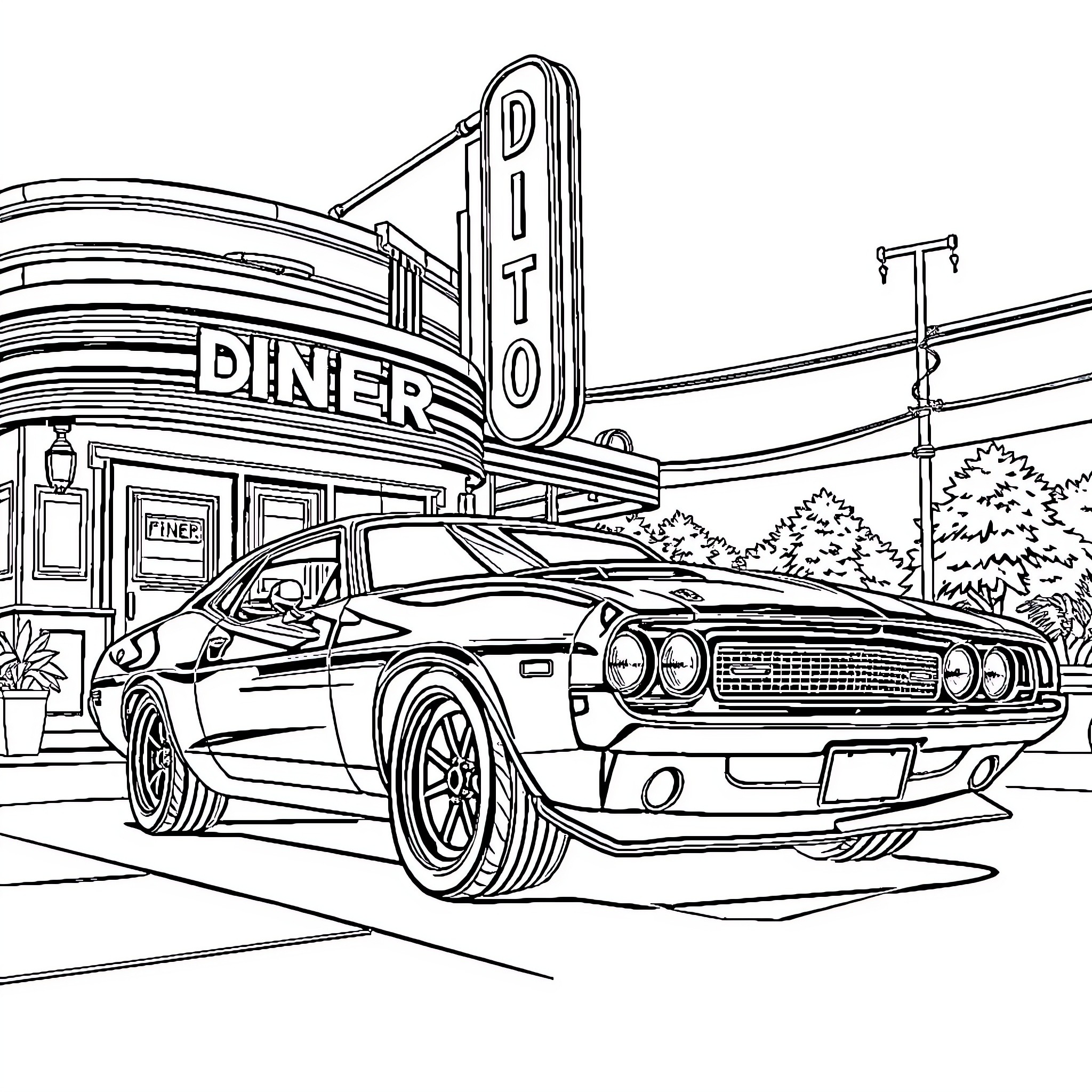 Muscle Car parked at diner with retro sign Coloring Page (free black-and-white line drawing printable PDF for all, from beginners to advanced learners, including children, teens, adults, and seniors)