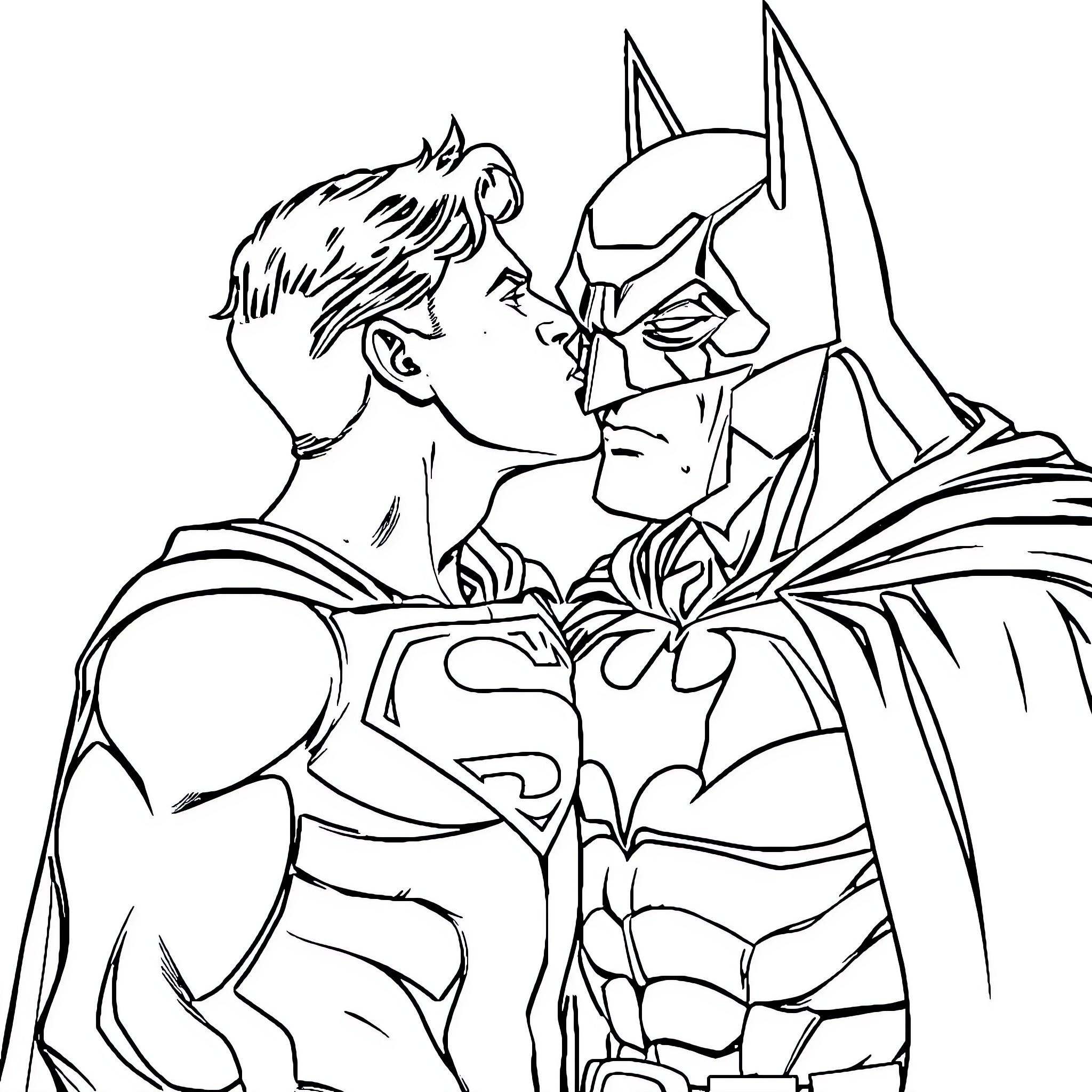 Superman and Batman in heroic embrace Coloring Page (free black-and-white line drawing printable PDF for all, from beginners to advanced learners, including children, teens, adults, and seniors)