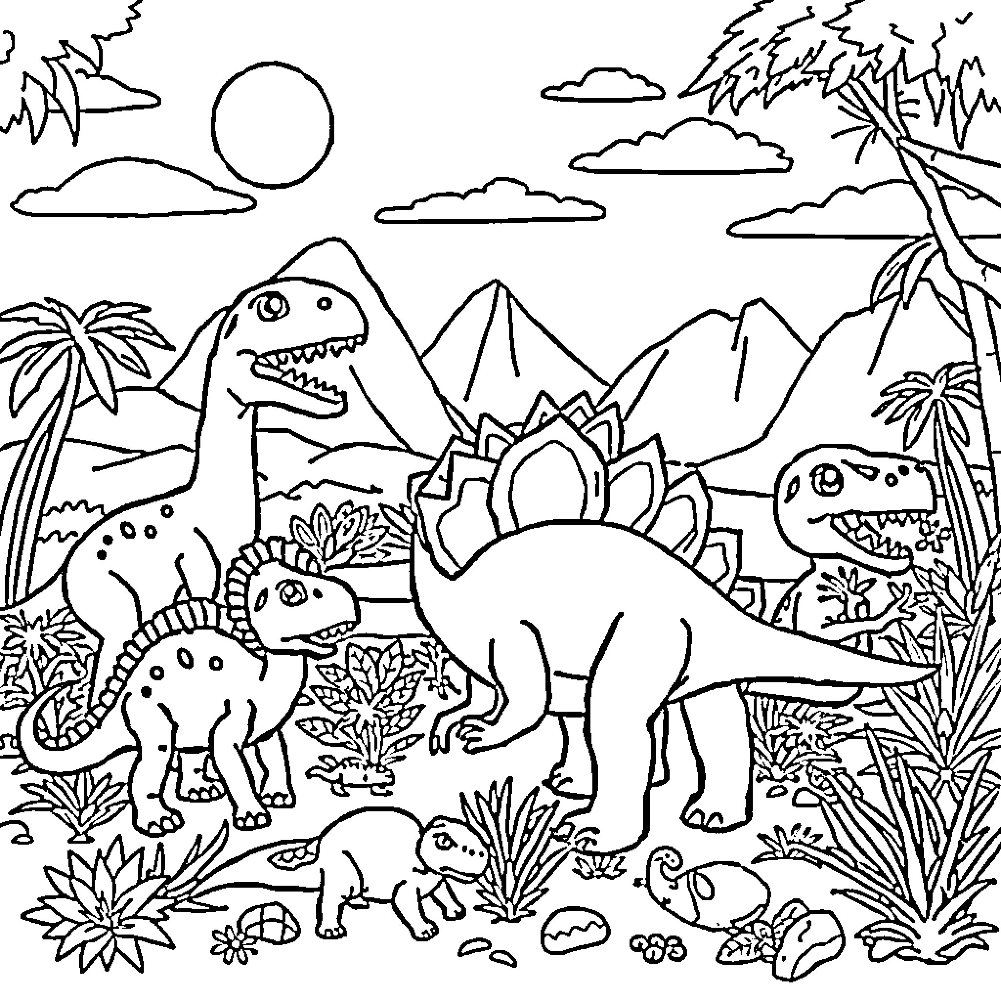 Dinosaurs Roaming in Prehistoric Landscape Coloring Page (free black-and-white line drawing printable PDF for all, from beginners to advanced learners, including children, teens, adults, and seniors)