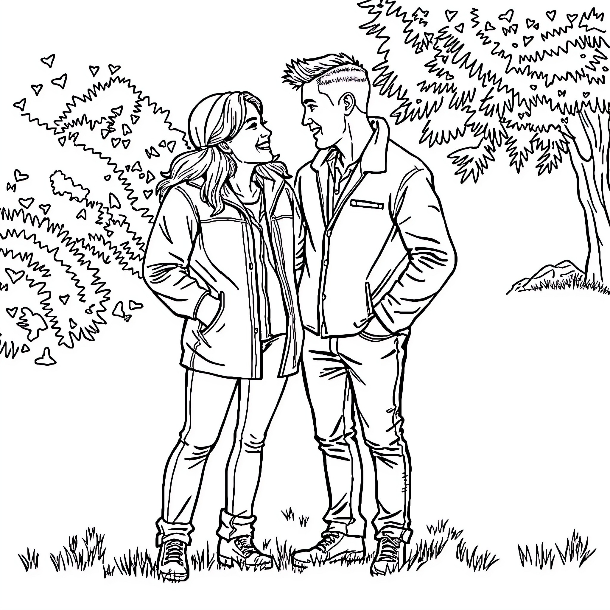Jason's romantic walk with his partner in the park Coloring Page (free black-and-white line drawing printable PDF for all, from beginners to advanced learners, including children, teens, adults, and seniors)