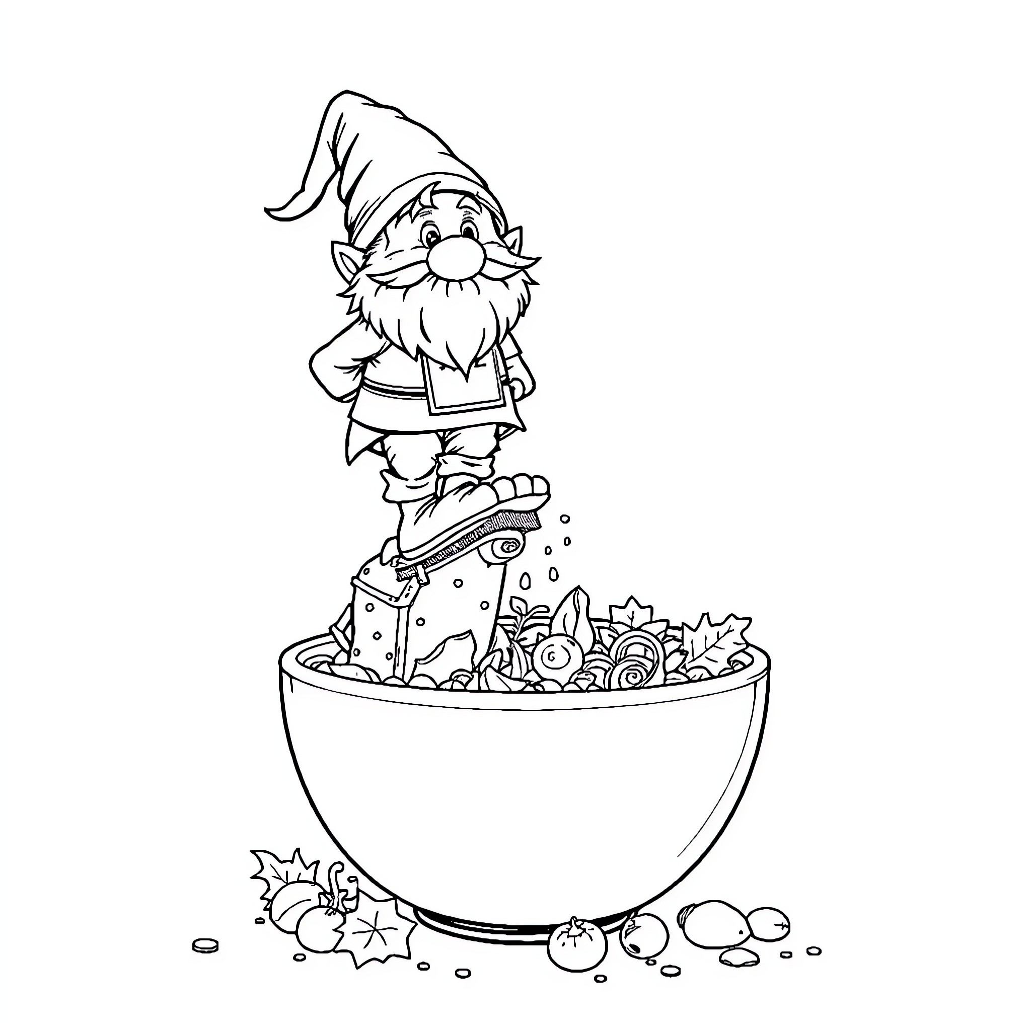 Gnome Gardening and Harvesting Bounty Coloring Page (free black-and-white line drawing printable PDF for all, from beginners to advanced learners, including children, teens, adults, and seniors)