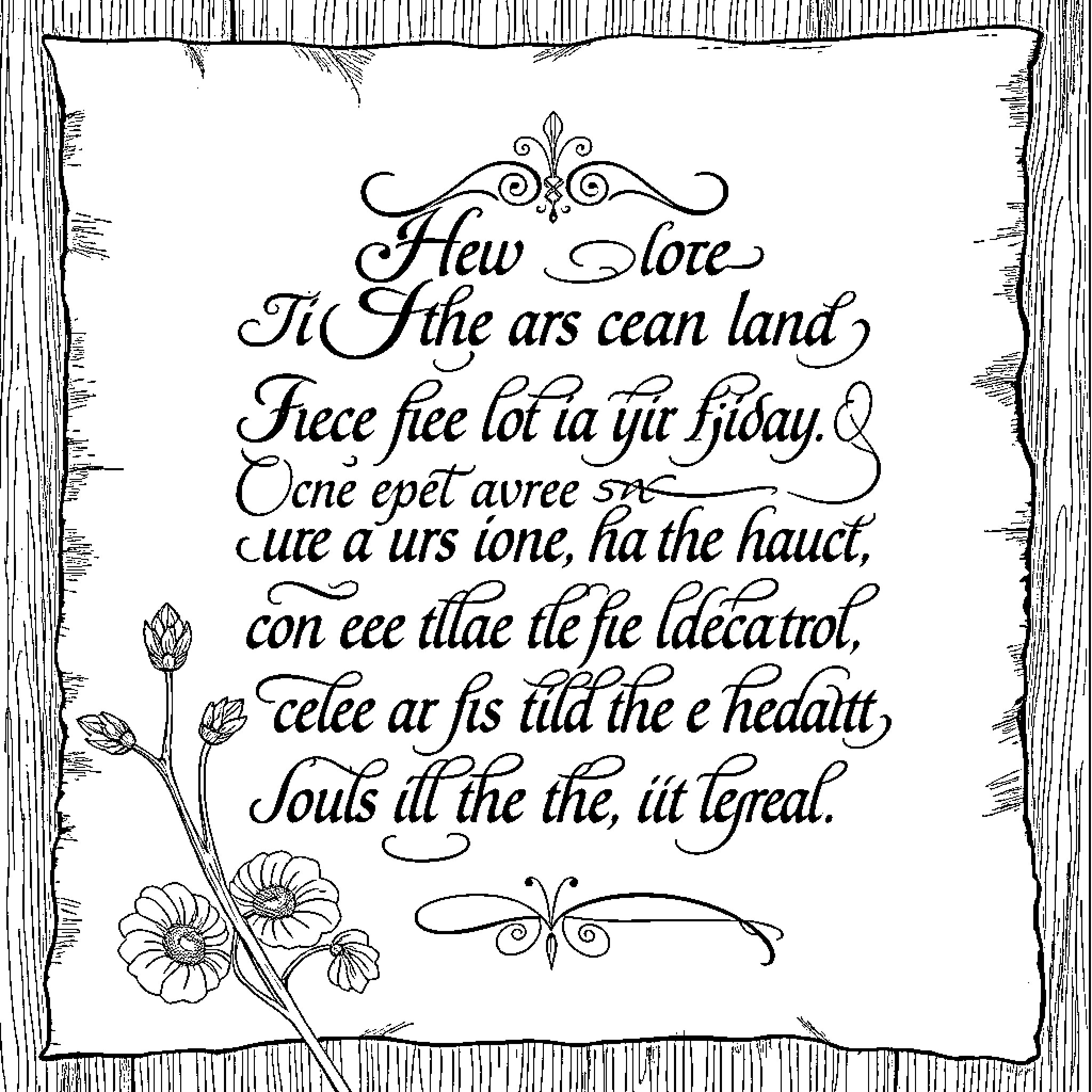 Bible Verse with Handwritten Text and Floral Ornaments Coloring Page (free black-and-white line drawing printable PDF for all, from beginners to advanced learners, including children, teens, adults, and seniors)