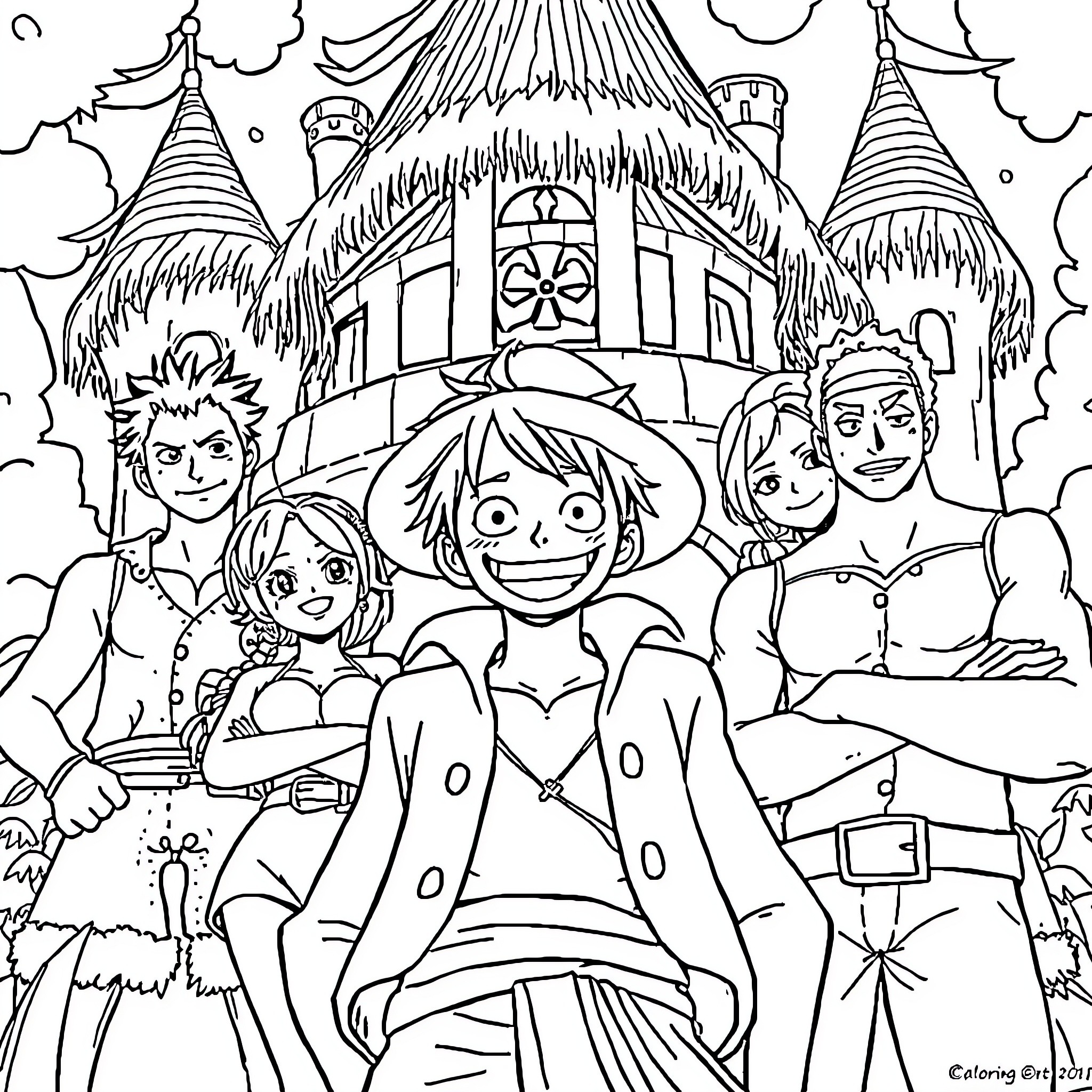 Luffy and His Crew Explore the Vibrant Pirate Town Coloring Page (free black-and-white line drawing printable PDF for all, from beginners to advanced learners, including children, teens, adults, and seniors)