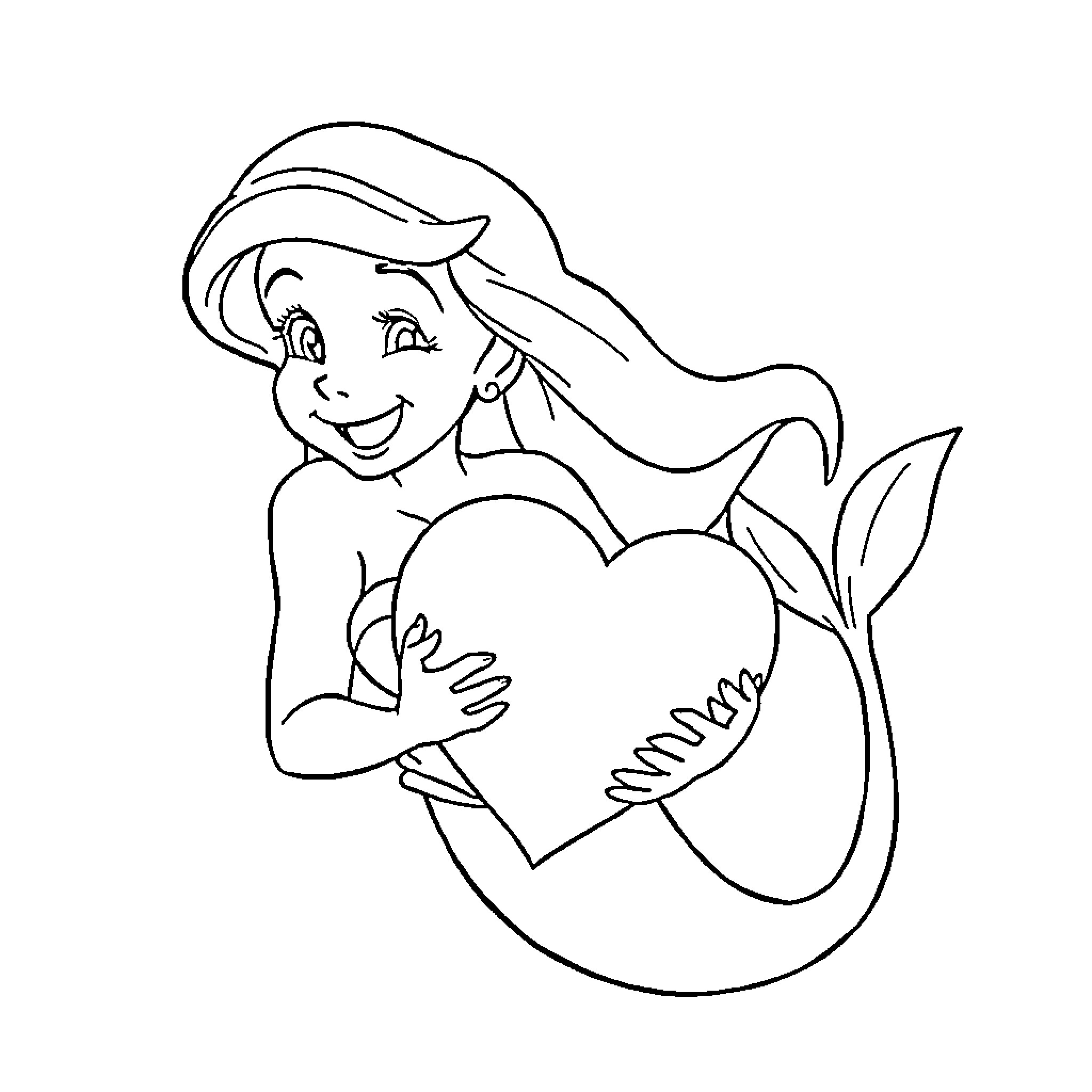 Ariel smiling and holding a large heart Coloring Page (free black-and-white line drawing printable PDF for all, from beginners to advanced learners, including children, teens, adults, and seniors)