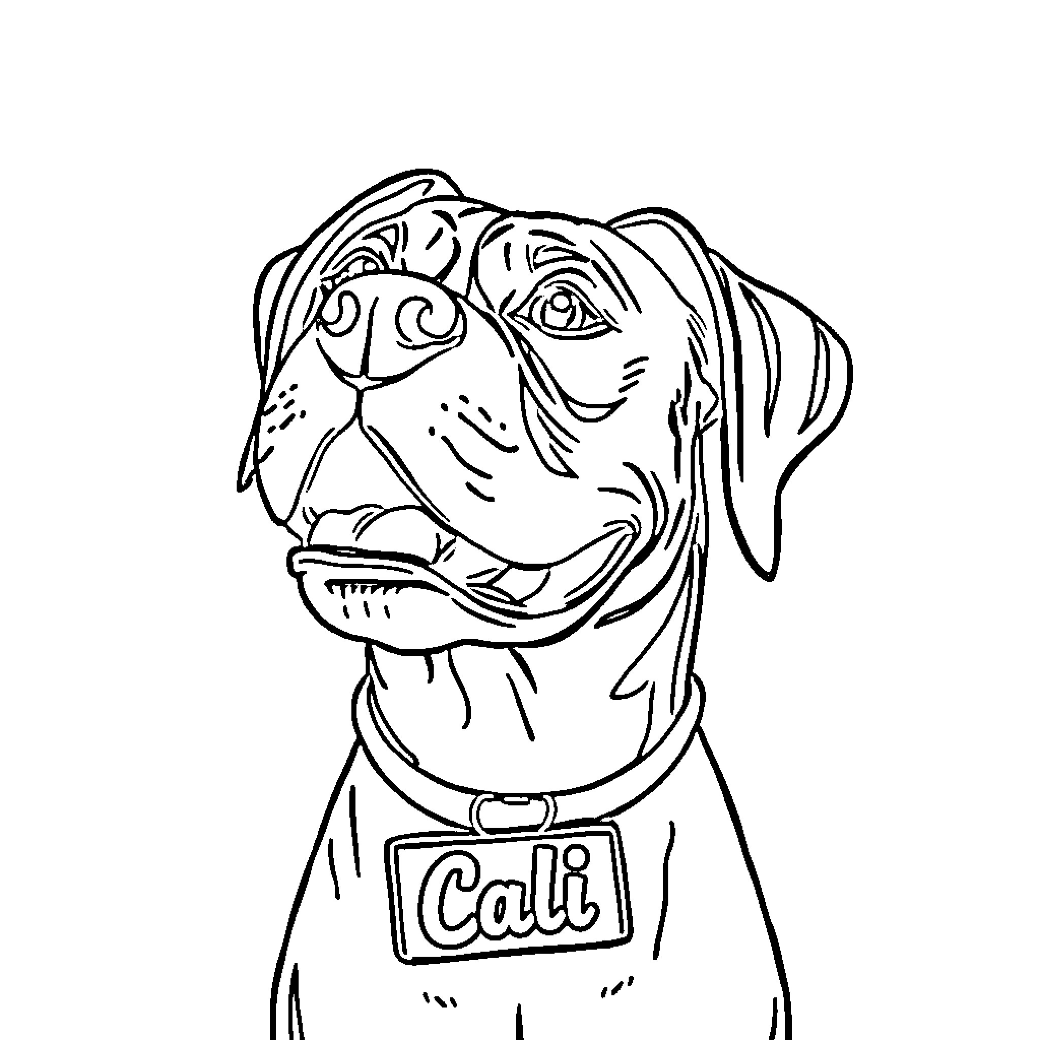 Boxer Mascot Proudly Displaying Cali Collar Coloring Page (free black-and-white line drawing printable PDF for all, from beginners to advanced learners, including children, teens, adults, and seniors)