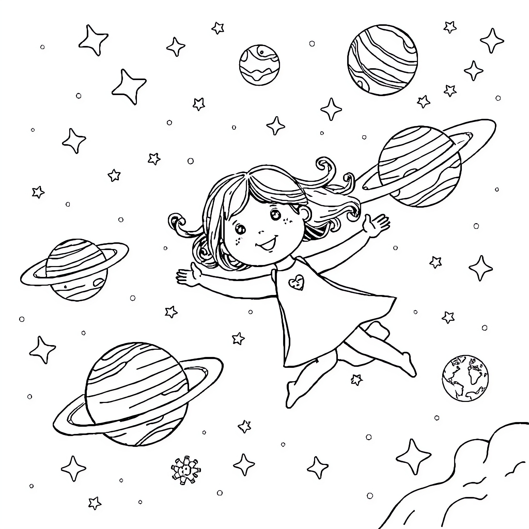 Girl exploring the magical space with planets and stars Coloring Page (free black-and-white line drawing printable PDF for all, from beginners to advanced learners, including children, teens, adults, and seniors)
