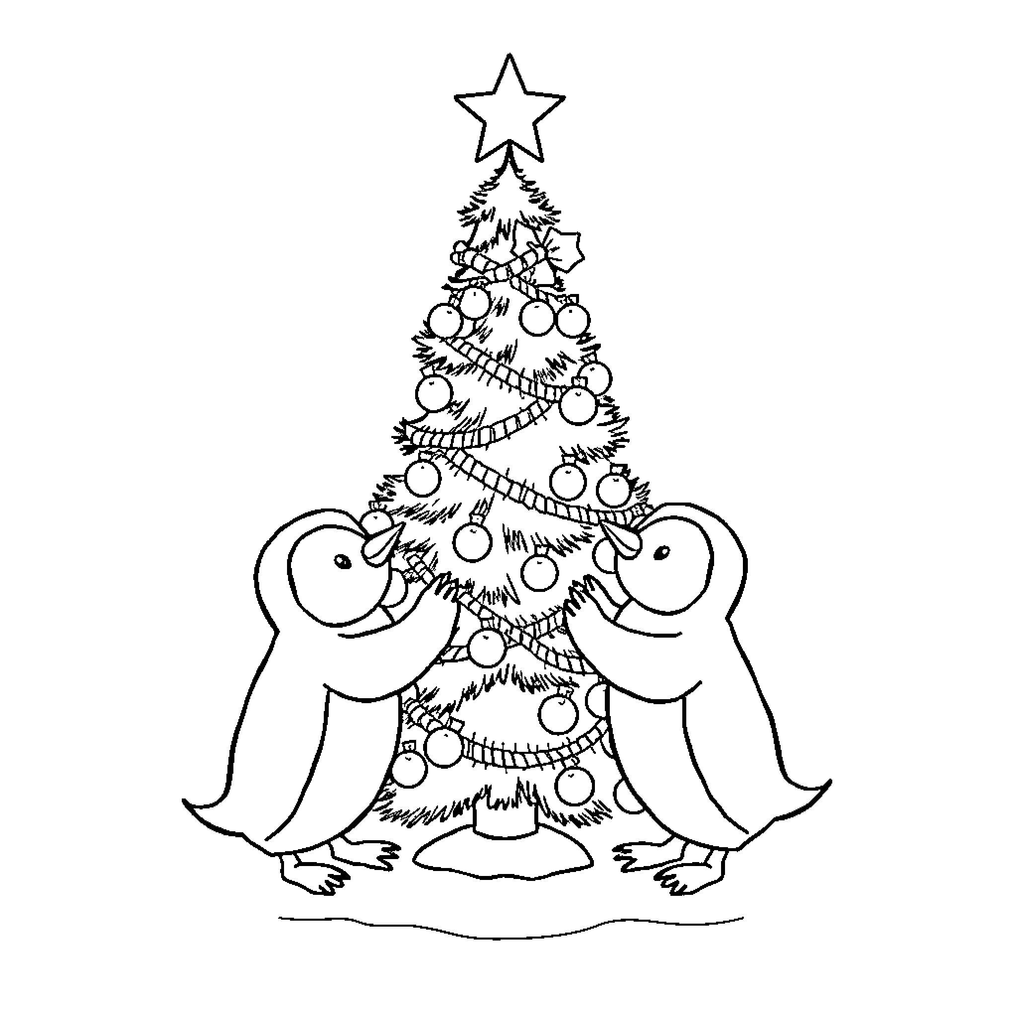 Penguins decorating a festive Christmas tree Coloring Page (free black-and-white line drawing printable PDF for all, from beginners to advanced learners, including children, teens, adults, and seniors)