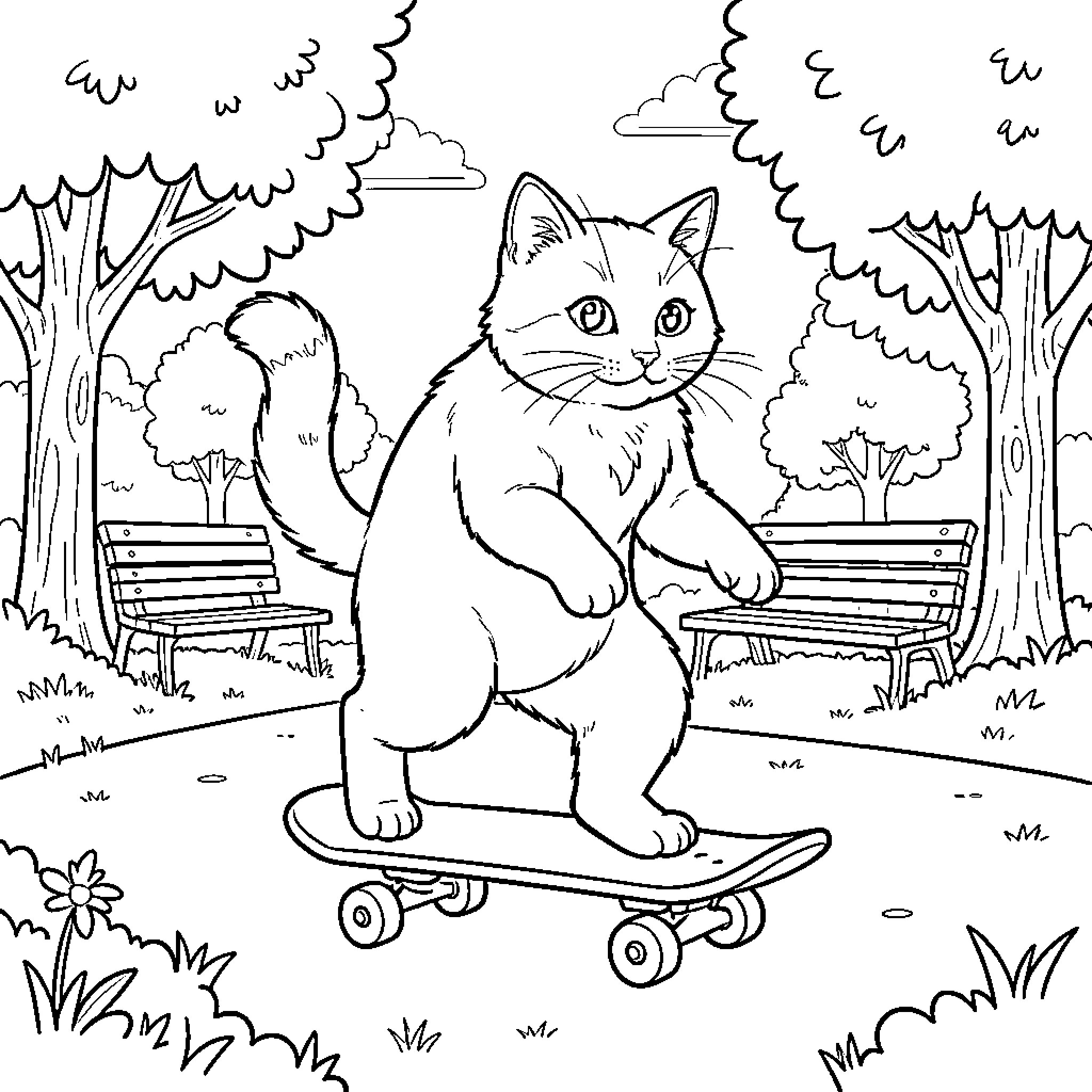 Cat riding a skateboard in a park Coloring Page (free black-and-white line drawing printable PDF for all, from beginners to advanced learners, including children, teens, adults, and seniors)