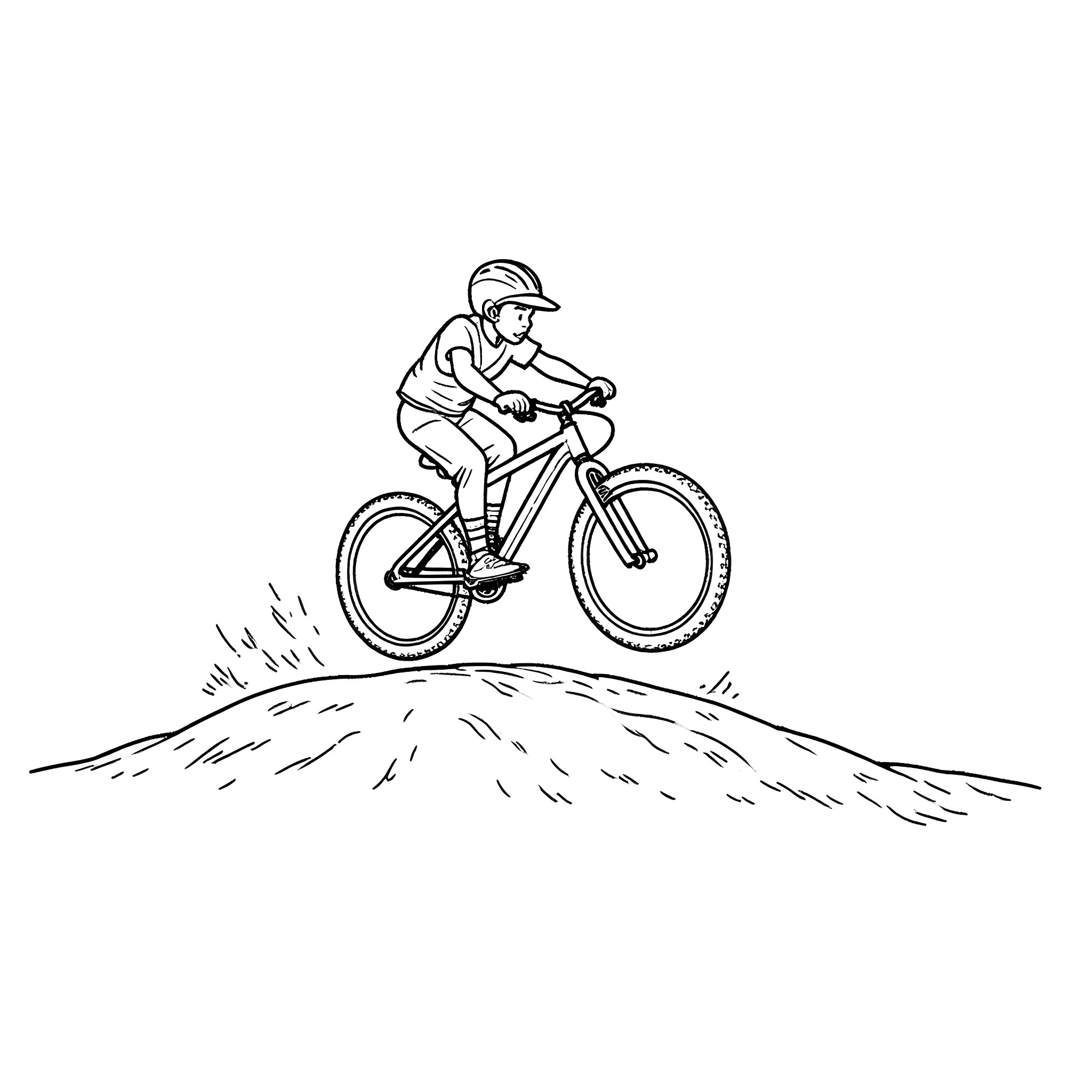Boy riding bicycle down hill Coloring Page (free black-and-white line drawing printable PDF for all, from beginners to advanced learners, including children, teens, adults, and seniors)