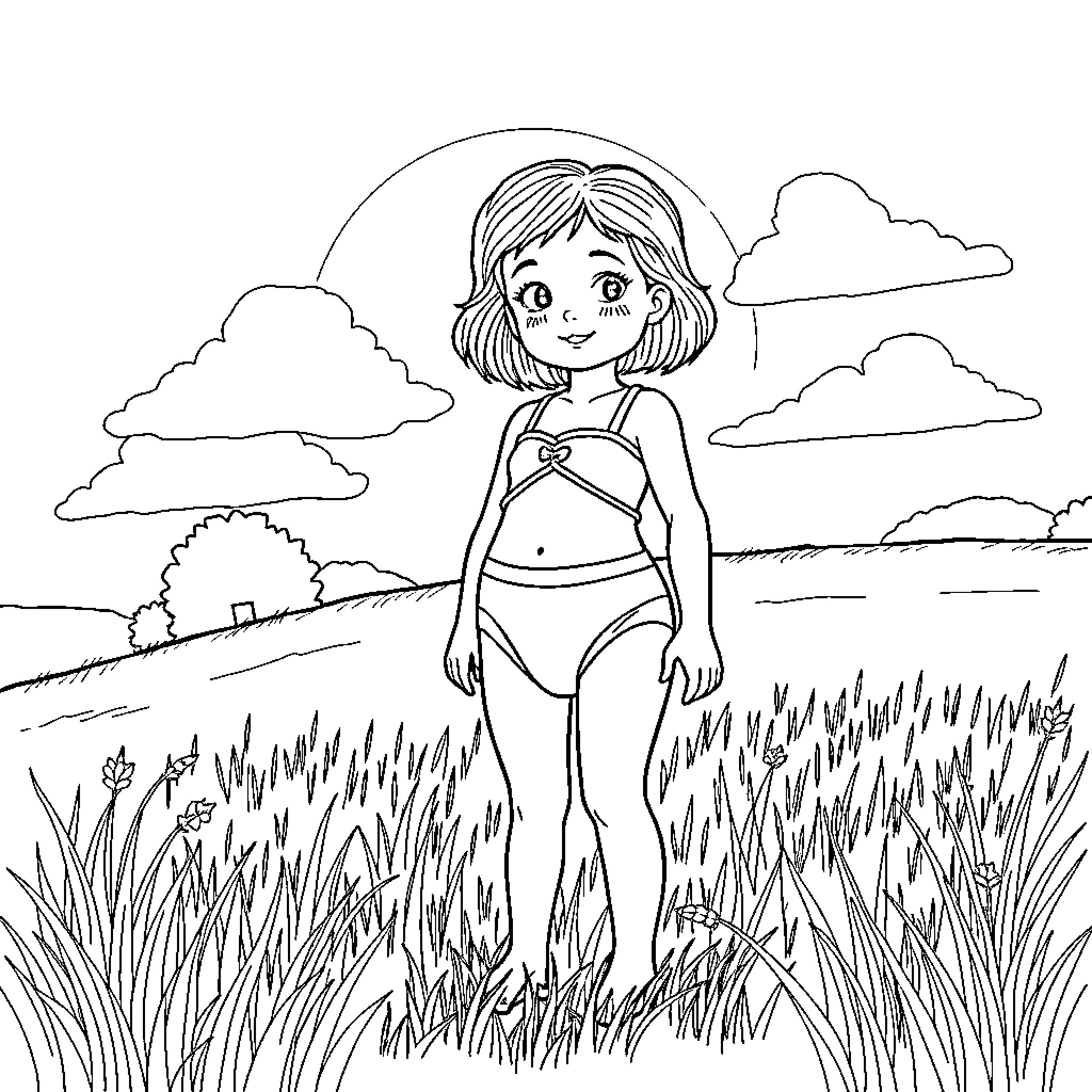 Girl enjoying a sunny day in the field Coloring Page (free black-and-white line drawing printable PDF for all, from beginners to advanced learners, including children, teens, adults, and seniors)