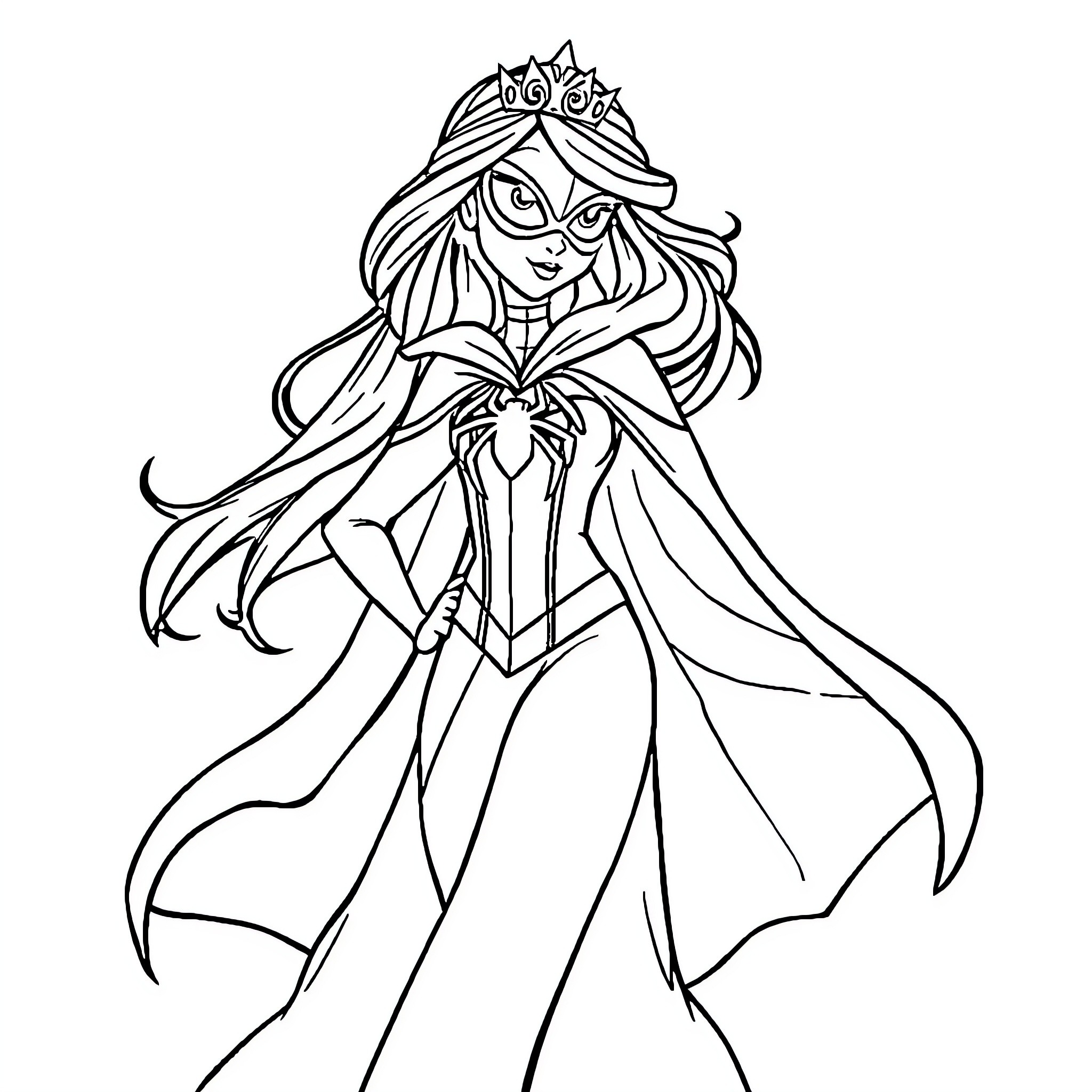 Spiderman princess in elegant costume Coloring Page (free black-and-white line drawing printable PDF for all, from beginners to advanced learners, including children, teens, adults, and seniors)
