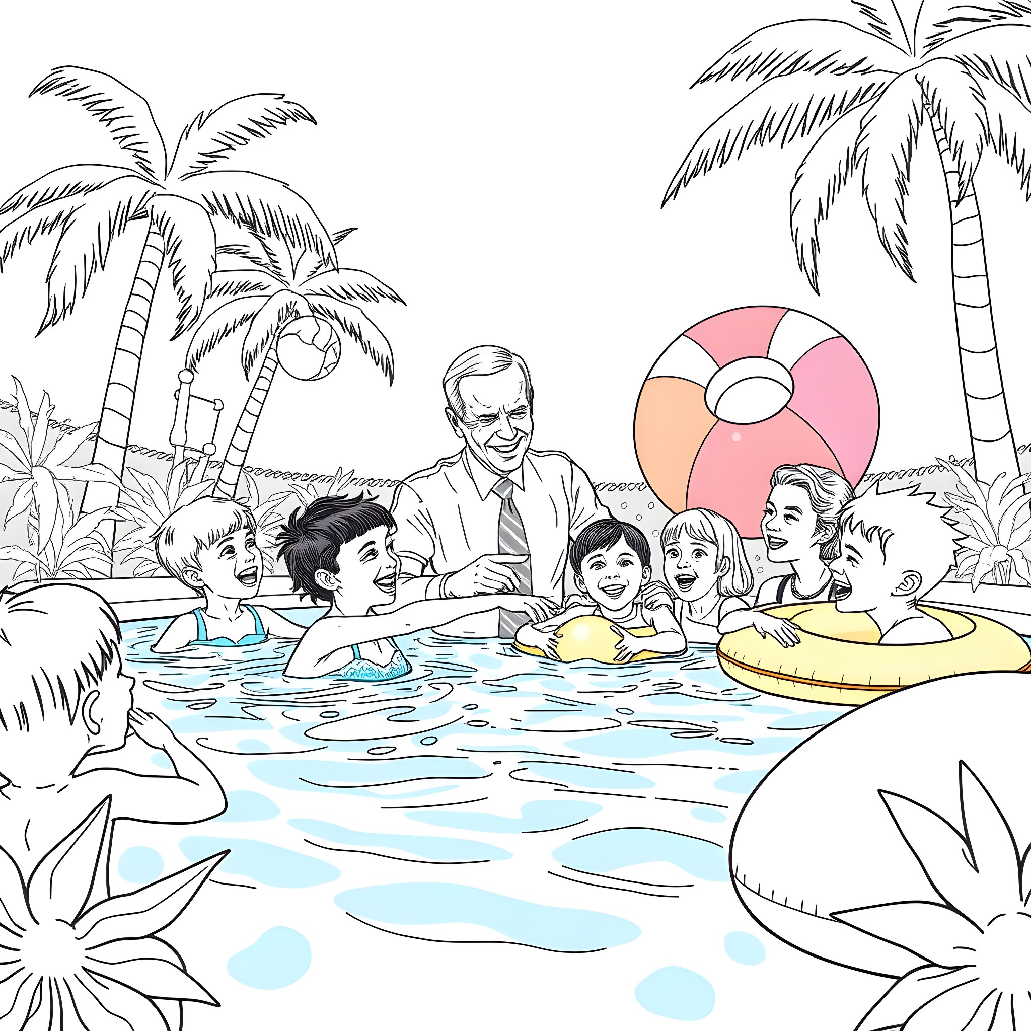 Joe Biden Enjoying Family Fun in the Sun Coloring Page (free black-and-white line drawing printable PDF for all, from beginners to advanced learners, including children, teens, adults, and seniors)