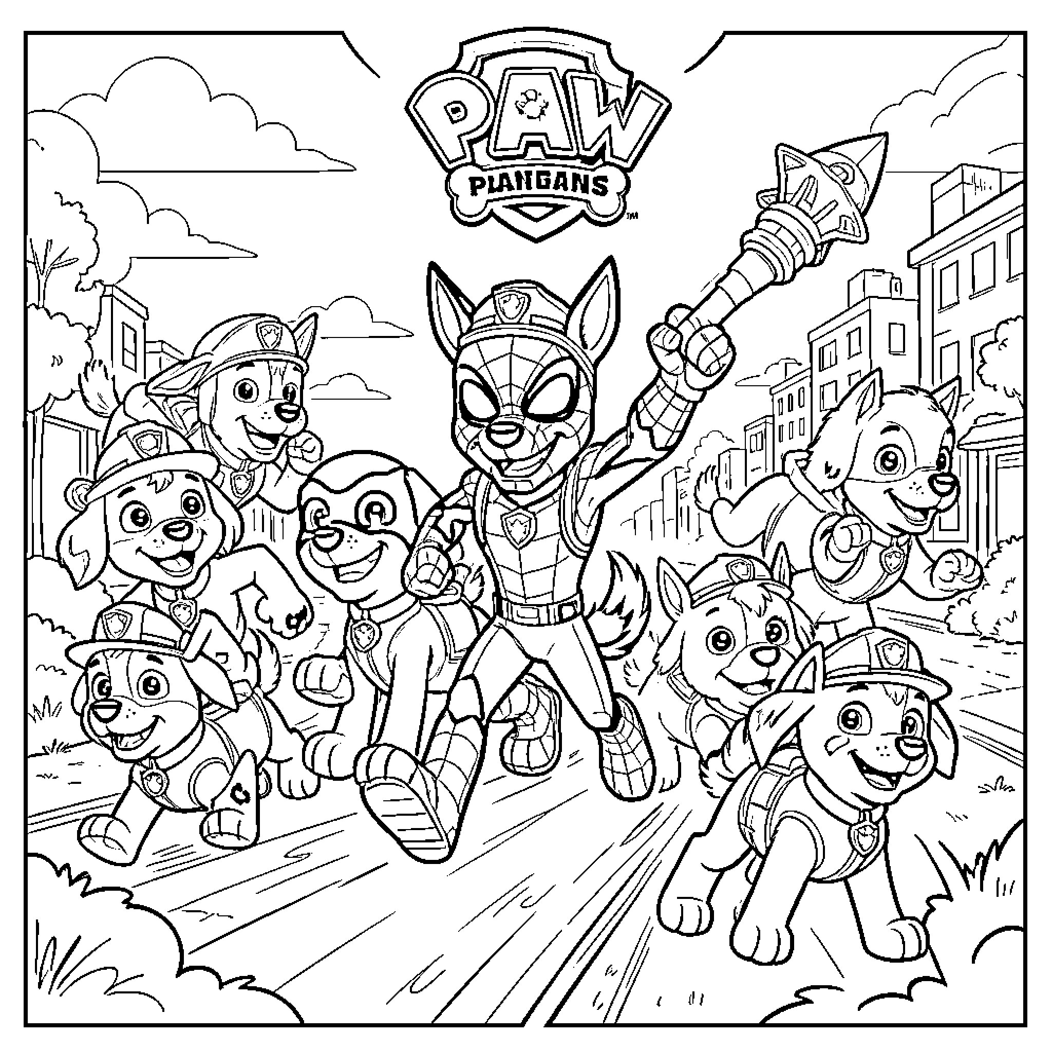 Spidey and friends running together in a heroic group scene Coloring Page (free black-and-white line drawing printable PDF for all, from beginners to advanced learners, including children, teens, adults, and seniors)