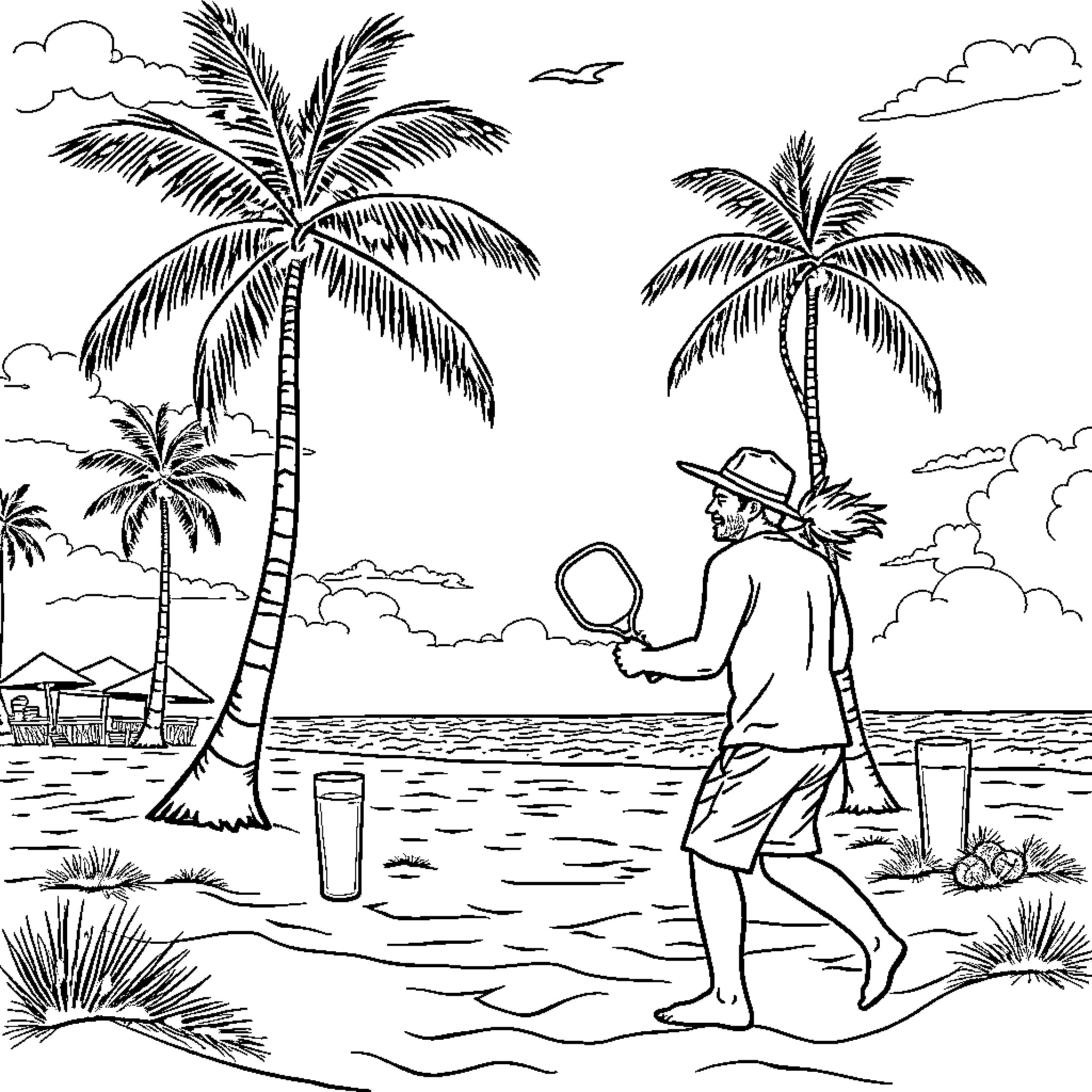 Couple exploring tropical beach under palm trees Coloring Page (free black-and-white line drawing printable PDF for all, from beginners to advanced learners, including children, teens, adults, and seniors)