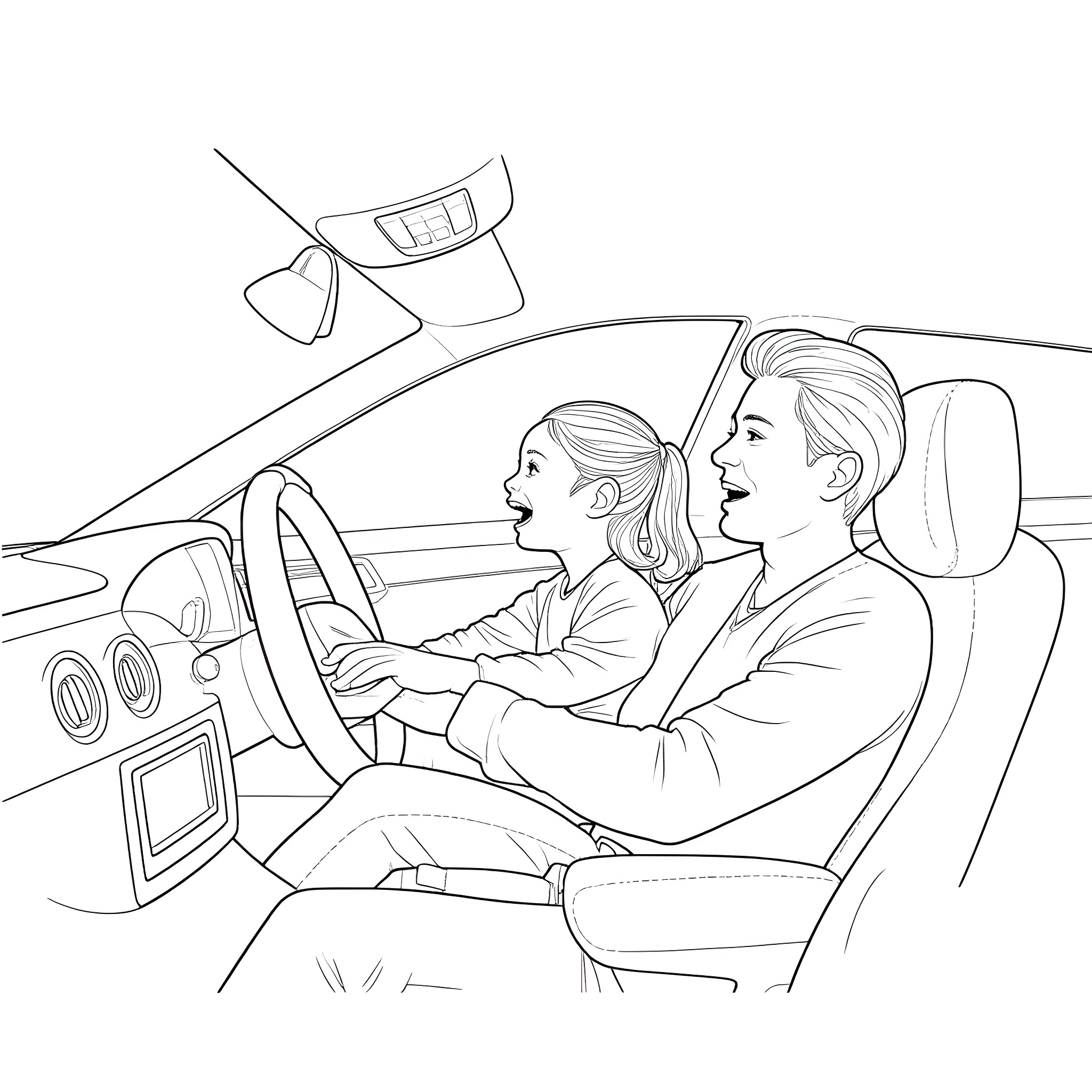Audi passengers enjoying ride in modern car Coloring Page (free black-and-white line drawing printable PDF for all, from beginners to advanced learners, including children, teens, adults, and seniors)