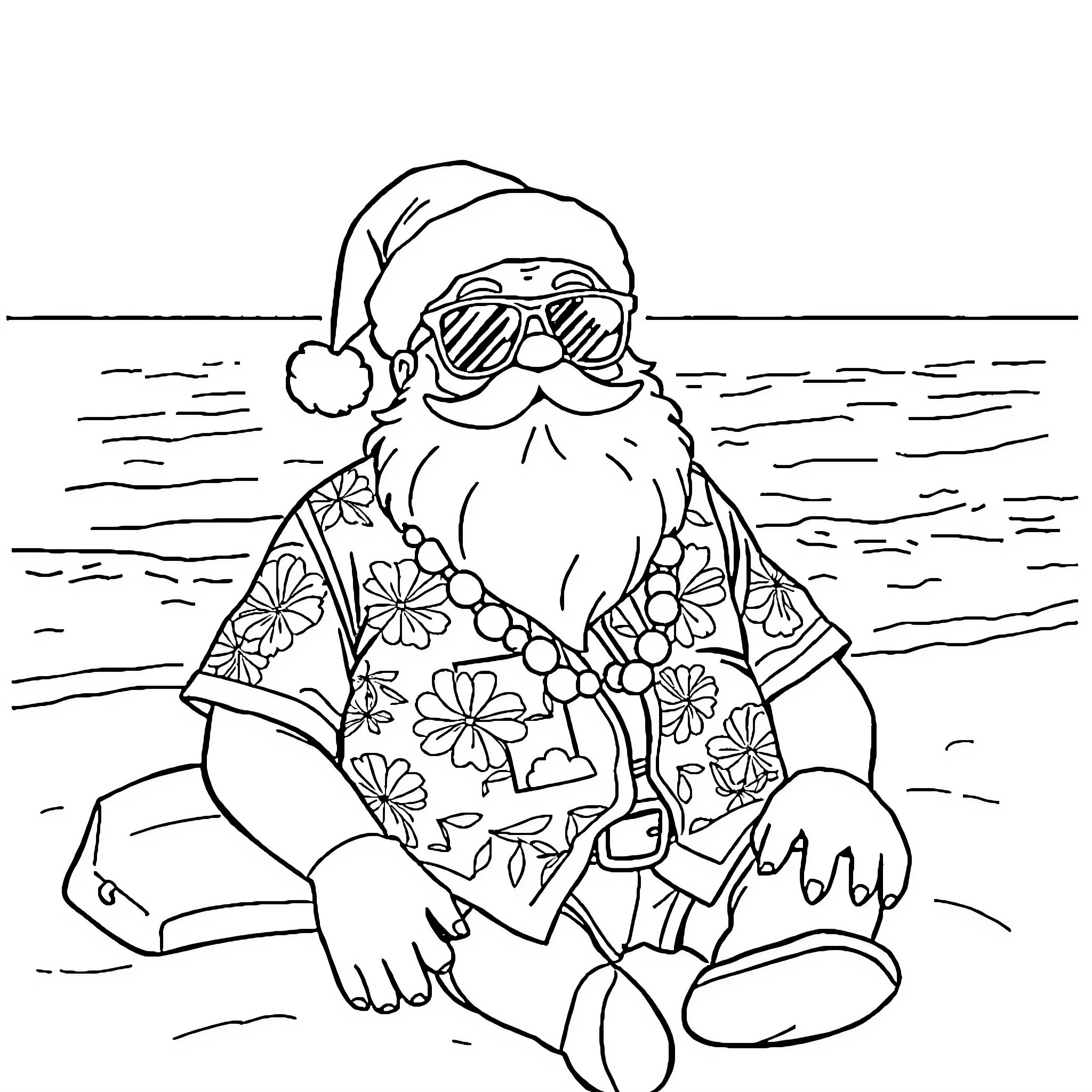 Santa relaxing on the beach in sunglasses Coloring Page (free black-and-white line drawing printable PDF for all, from beginners to advanced learners, including children, teens, adults, and seniors)