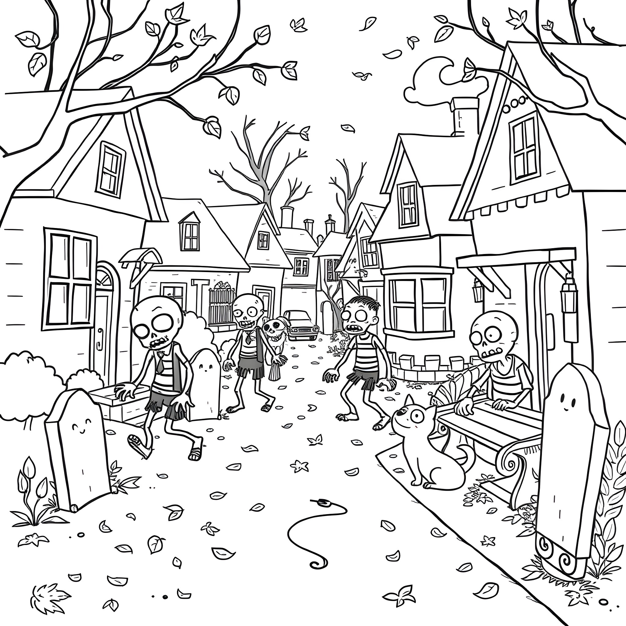 Zombie Trick-or-Treating in a Spooky Neighborhood Coloring Page (free black-and-white line drawing printable PDF for all, from beginners to advanced learners, including children, teens, adults, and seniors)