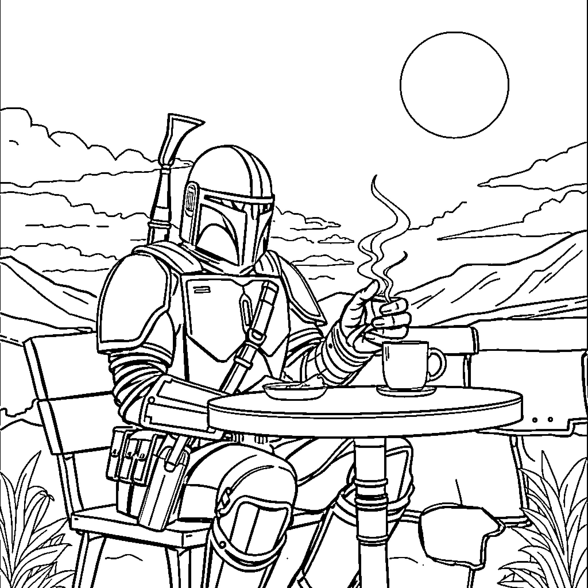 Mandalorian relaxing with a hot beverage in the wilderness Coloring Page (free black-and-white line drawing printable PDF for all, from beginners to advanced learners, including children, teens, adults, and seniors)