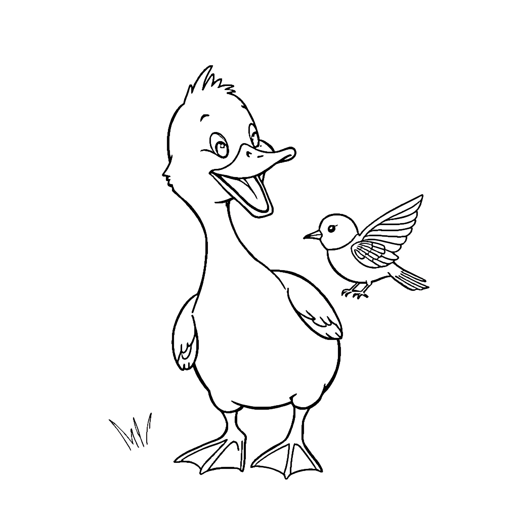 Duck happily interacting with small bird Coloring Page (free black-and-white line drawing printable PDF for all, from beginners to advanced learners, including children, teens, adults, and seniors)