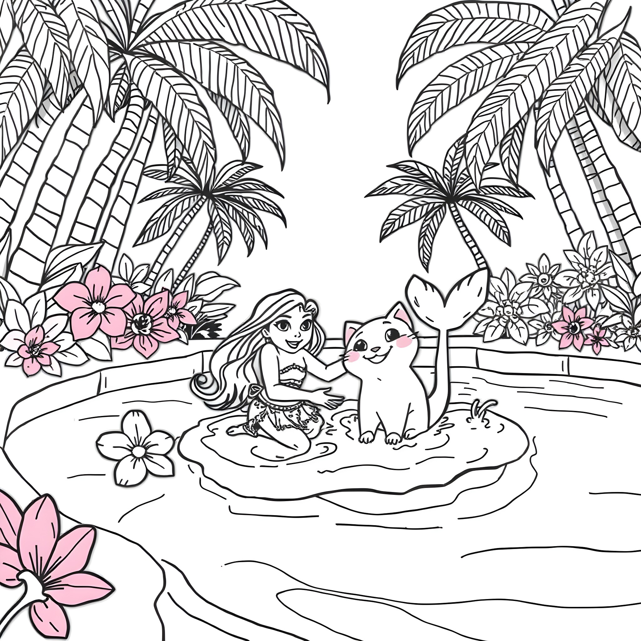 Moana relaxing with her pet in the tropical paradise Coloring Page (free black-and-white line drawing printable PDF for all, from beginners to advanced learners, including children, teens, adults, and seniors)