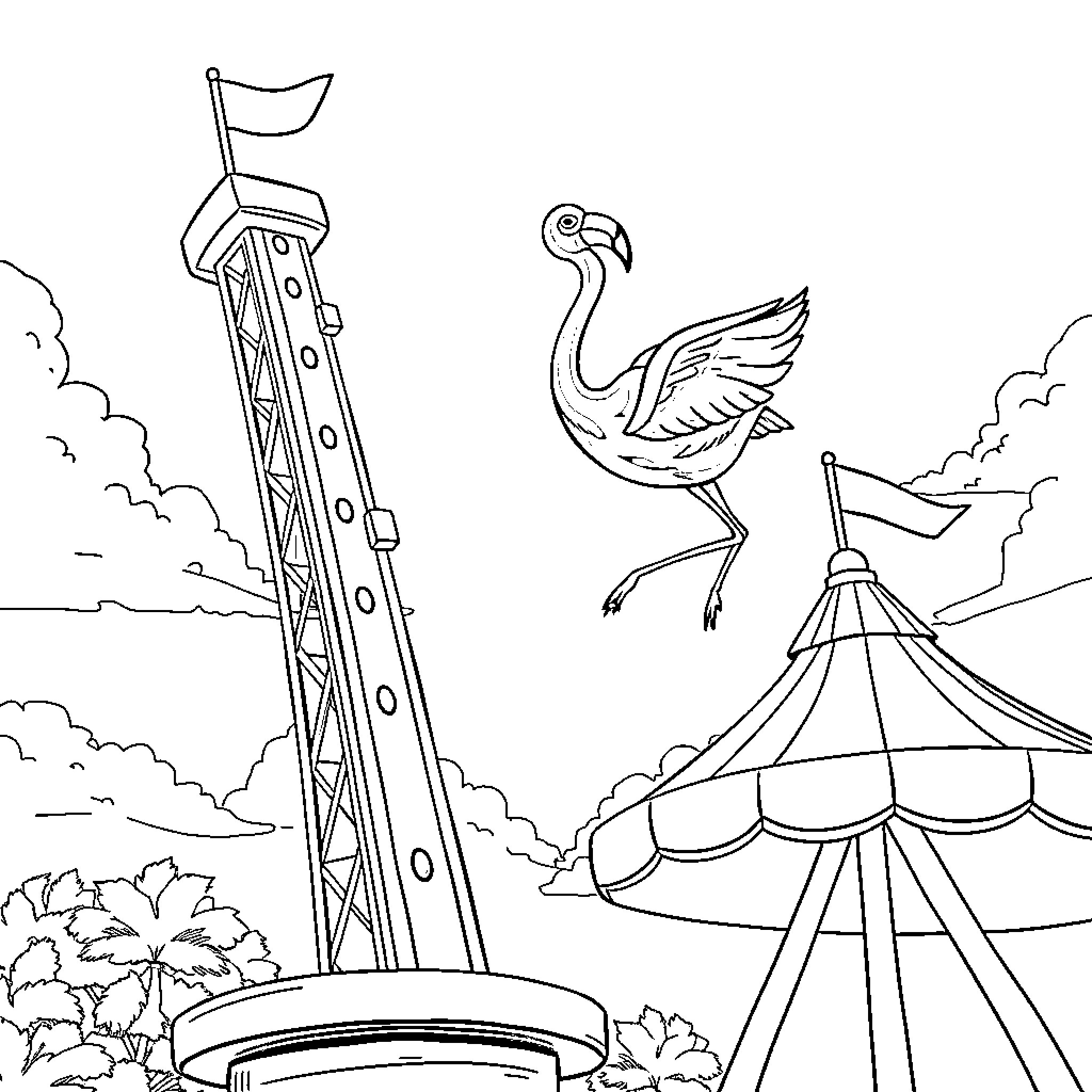 Flamingo soaring over carnival tent and roller coaster Coloring Page (free black-and-white line drawing printable PDF for all, from beginners to advanced learners, including children, teens, adults, and seniors)