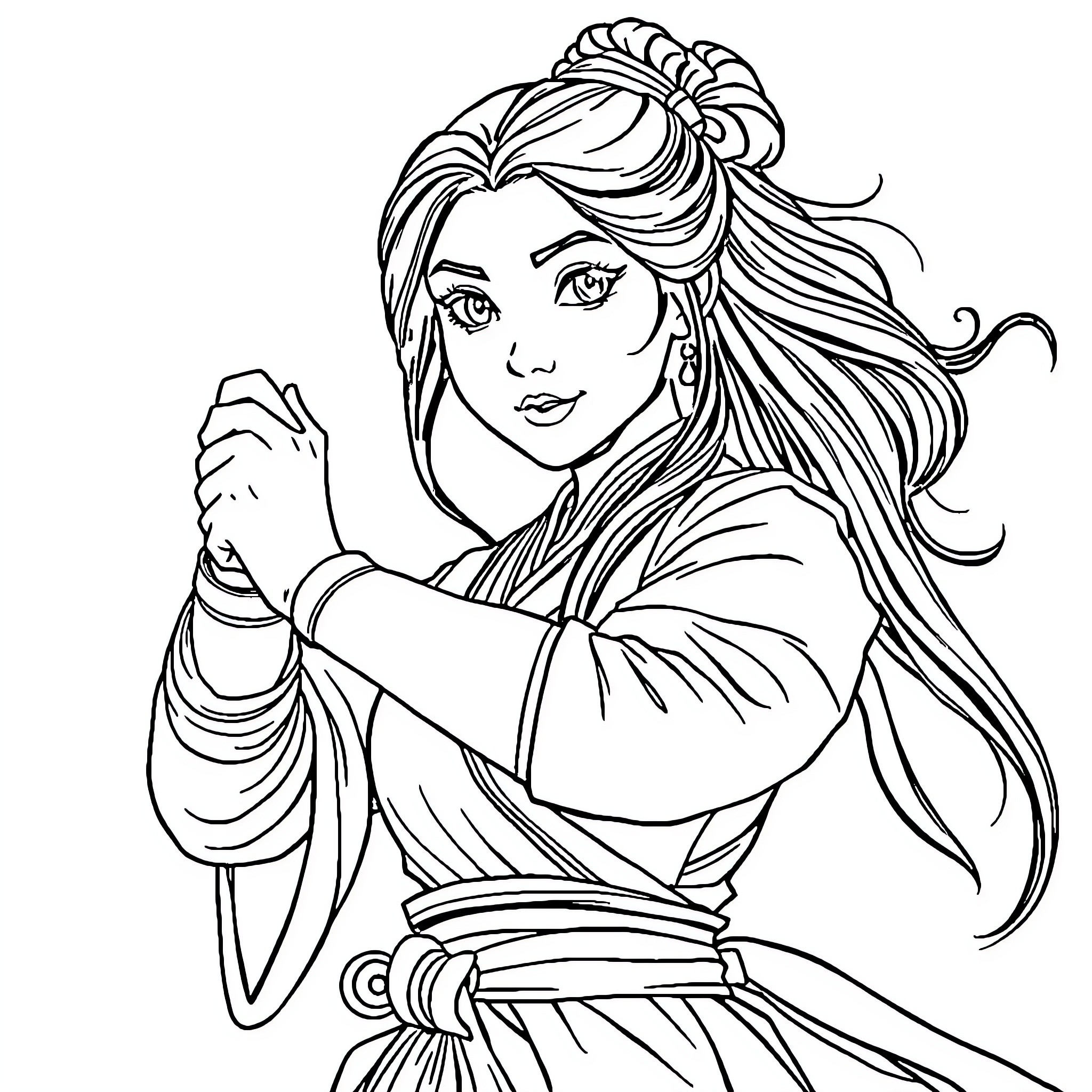 Mulan in warrior outfit with determined expression Coloring Page (free black-and-white line drawing printable PDF for all, from beginners to advanced learners, including children, teens, adults, and seniors)
