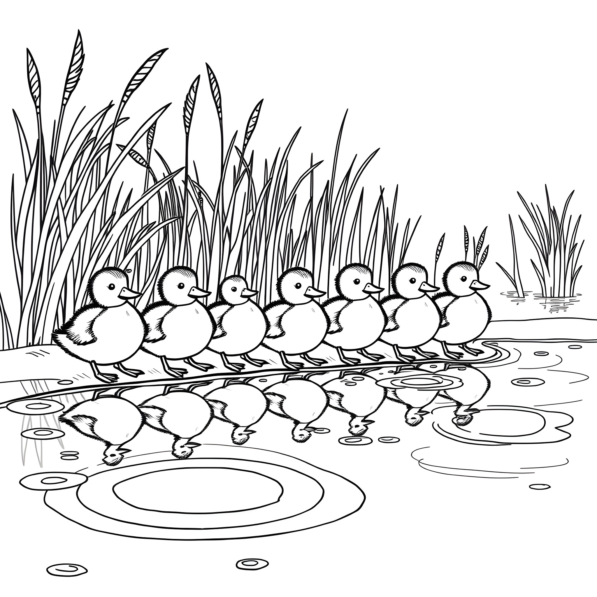 Duck Ducklings Waddle Through Pond Amid Tall Grass Coloring Page (free black-and-white line drawing printable PDF for all, from beginners to advanced learners, including children, teens, adults, and seniors)