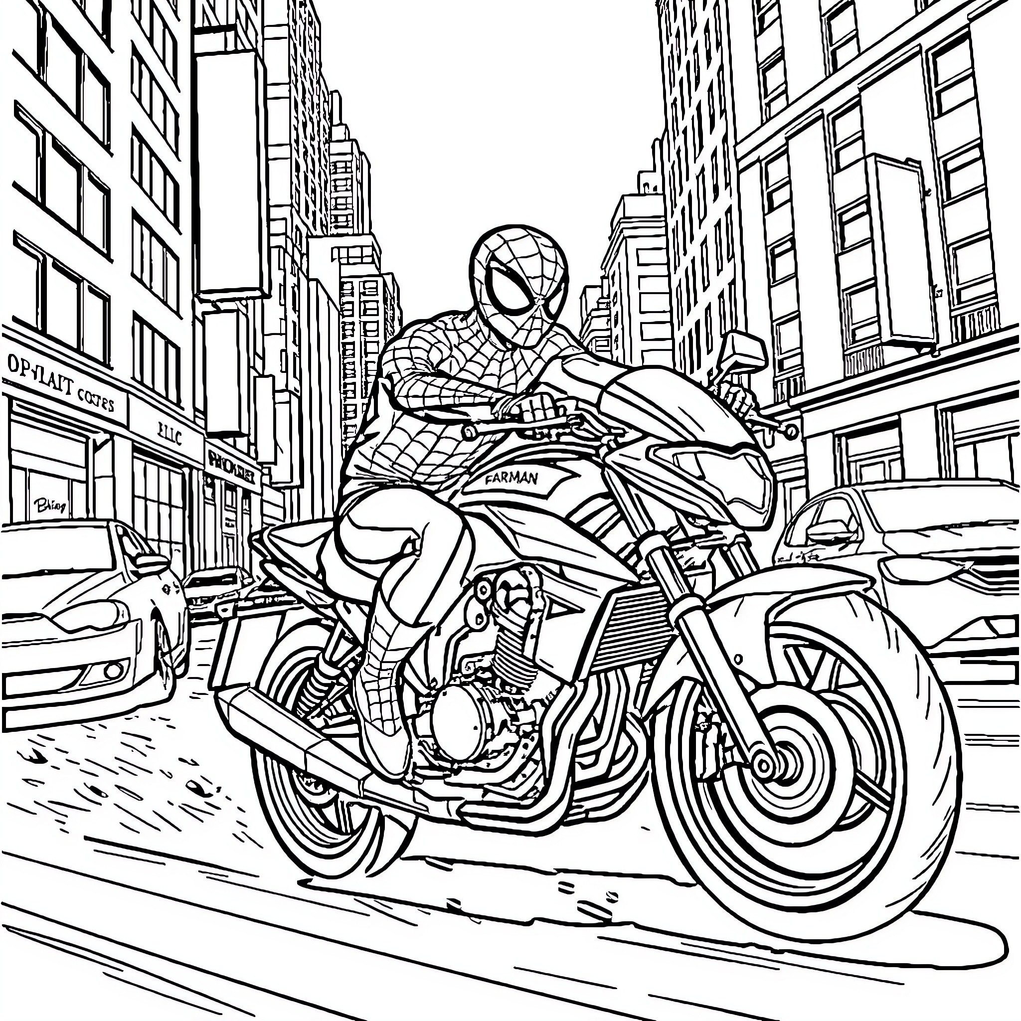 Spiderman riding a motorcycle through city streets Coloring Page (free black-and-white line drawing printable PDF for all, from beginners to advanced learners, including children, teens, adults, and seniors)