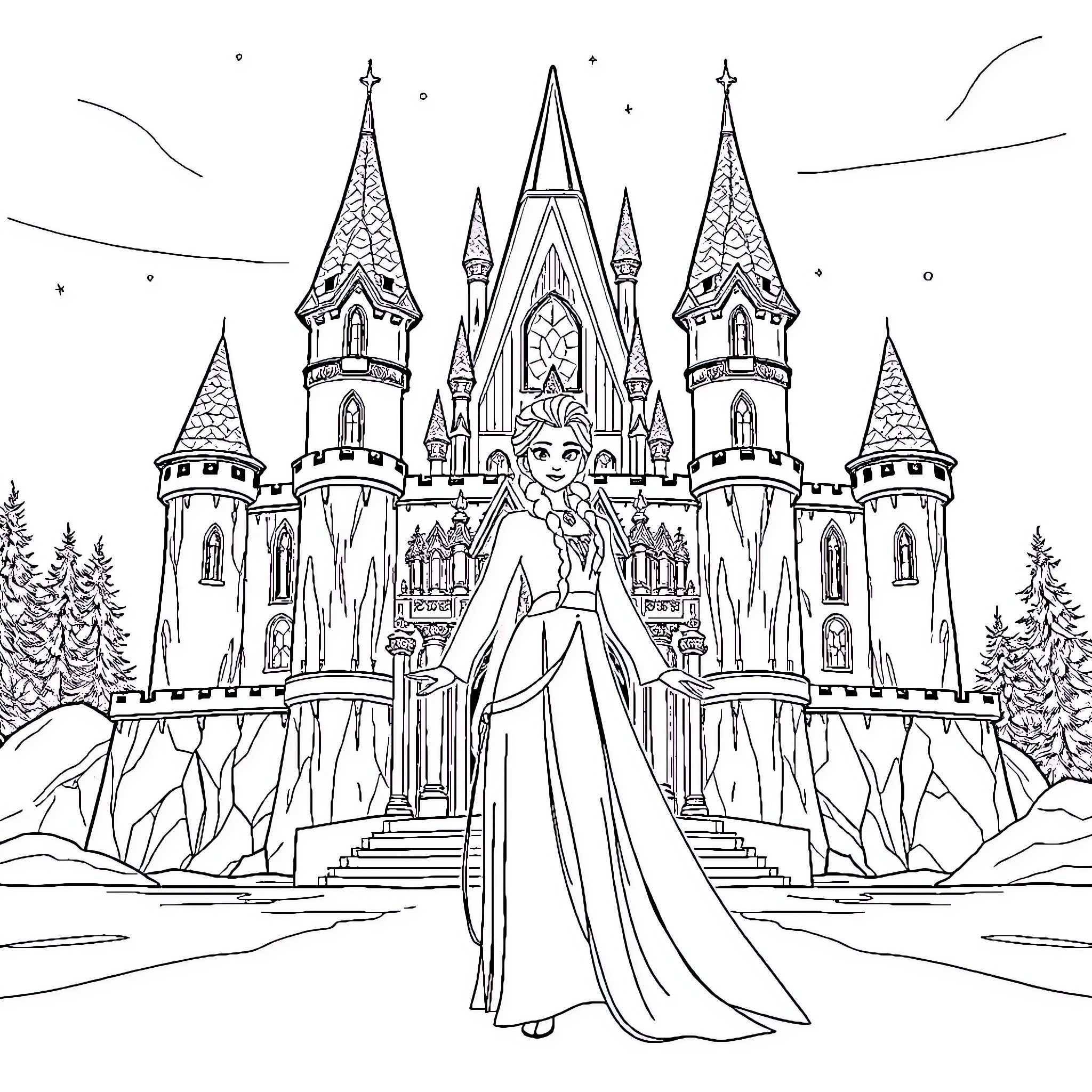 Elsa in her winter castle surrounded by icy turrets Coloring Page (free black-and-white line drawing printable PDF for all, from beginners to advanced learners, including children, teens, adults, and seniors)